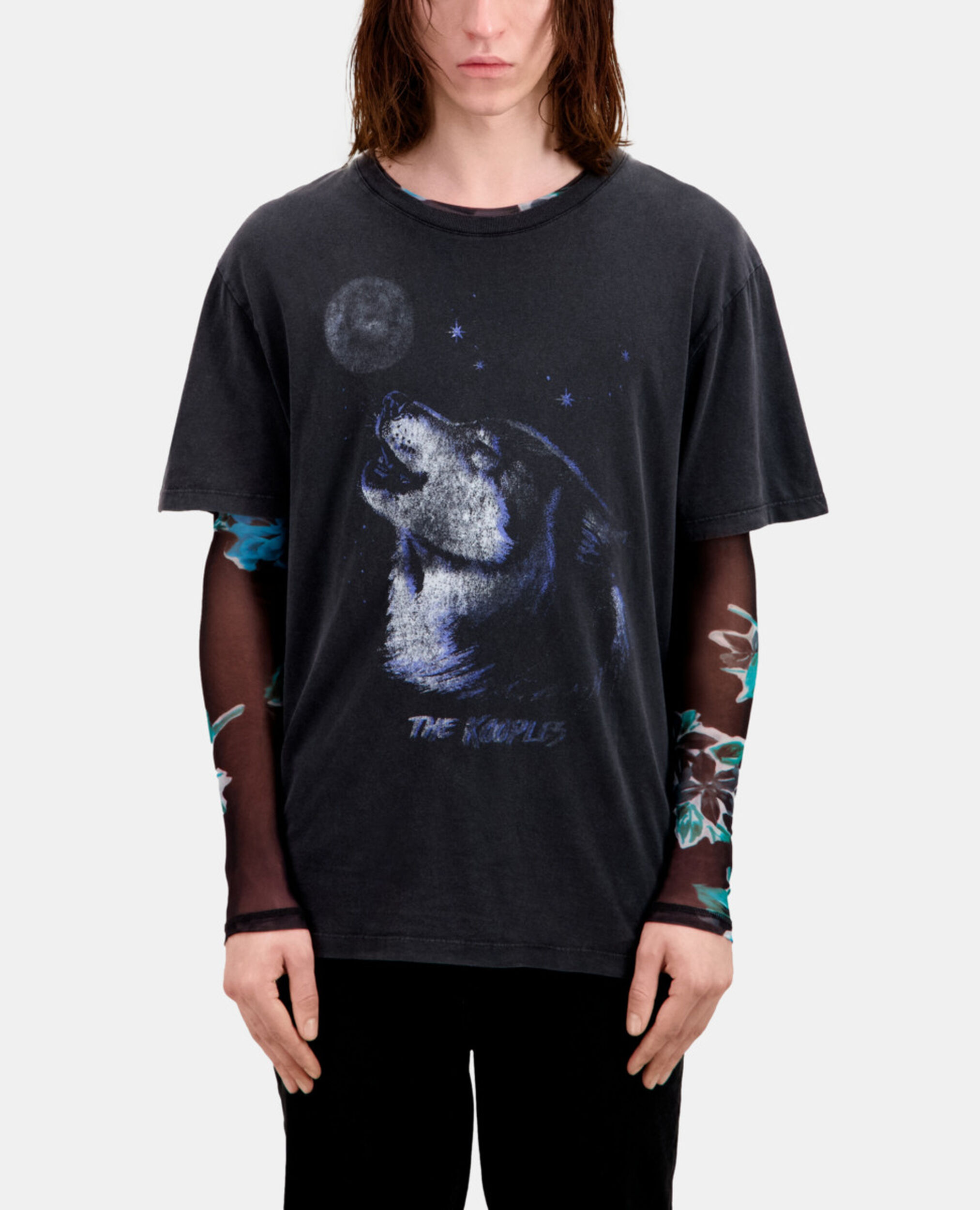 Men's black t-shirt with wolf serigraphy, BLACK WASHED, hi-res image number null