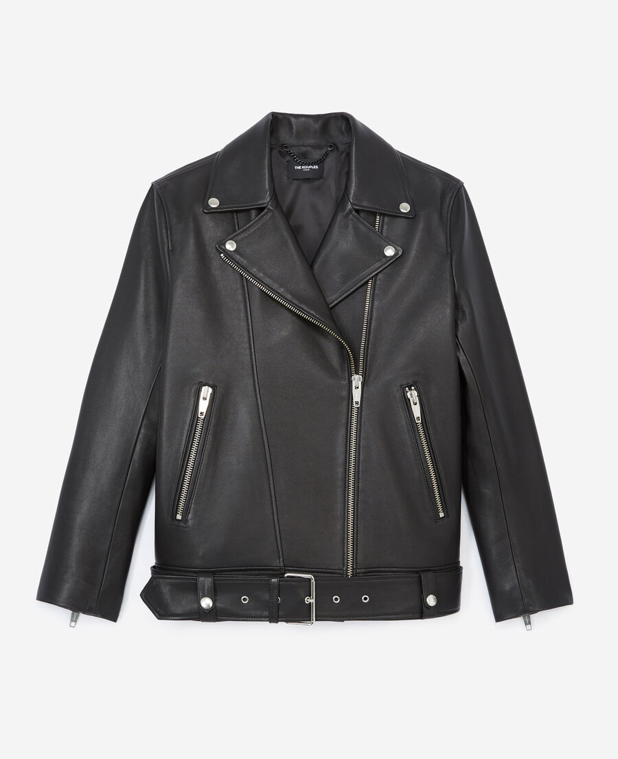 oversized zipped black leather jacket