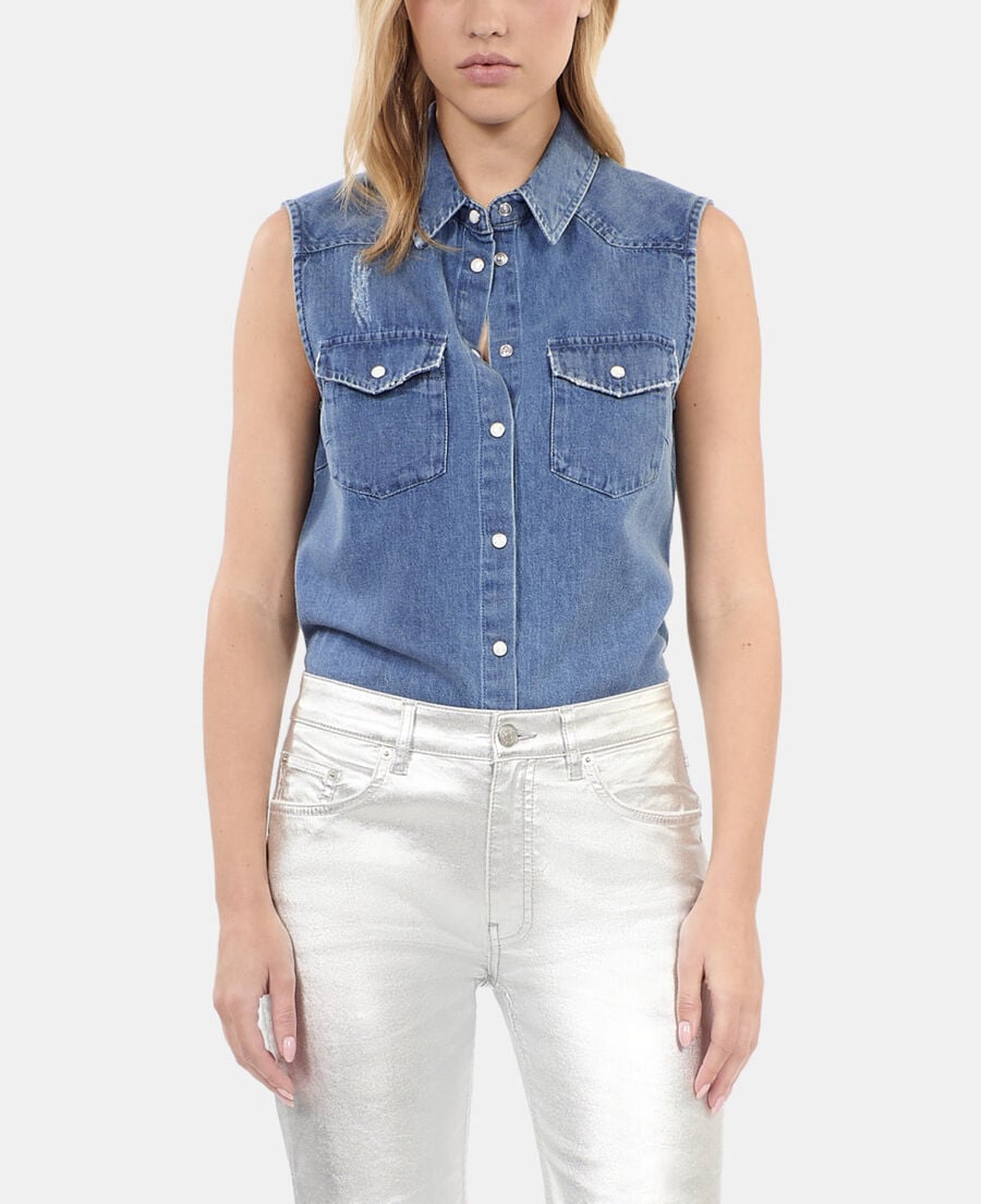 The Kooples WOMEN USED RAPIECE sleeveless blue denim shirt