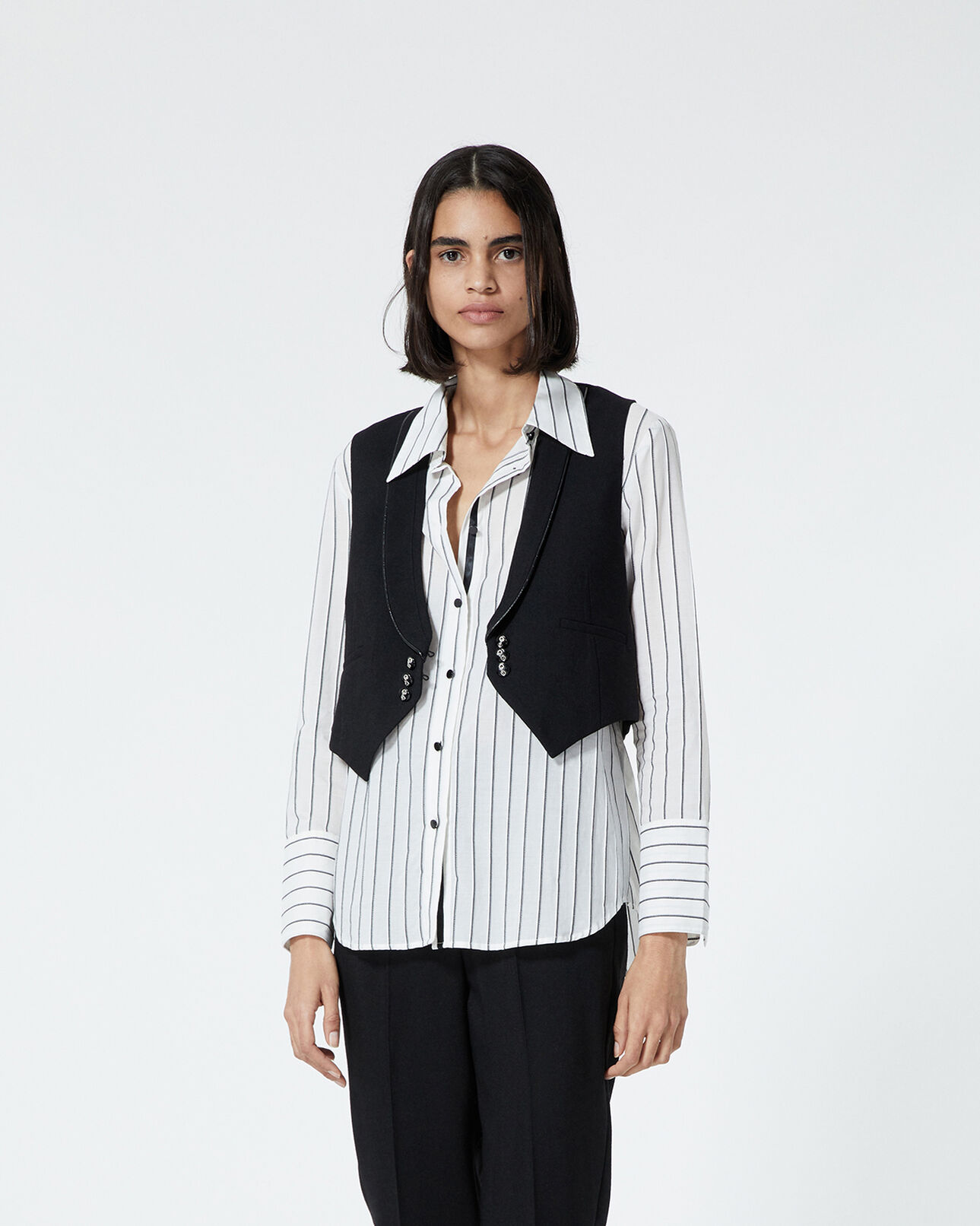 The Kooples DAMEN BLACK schwarze anzugweste aus leder mit lederdetail