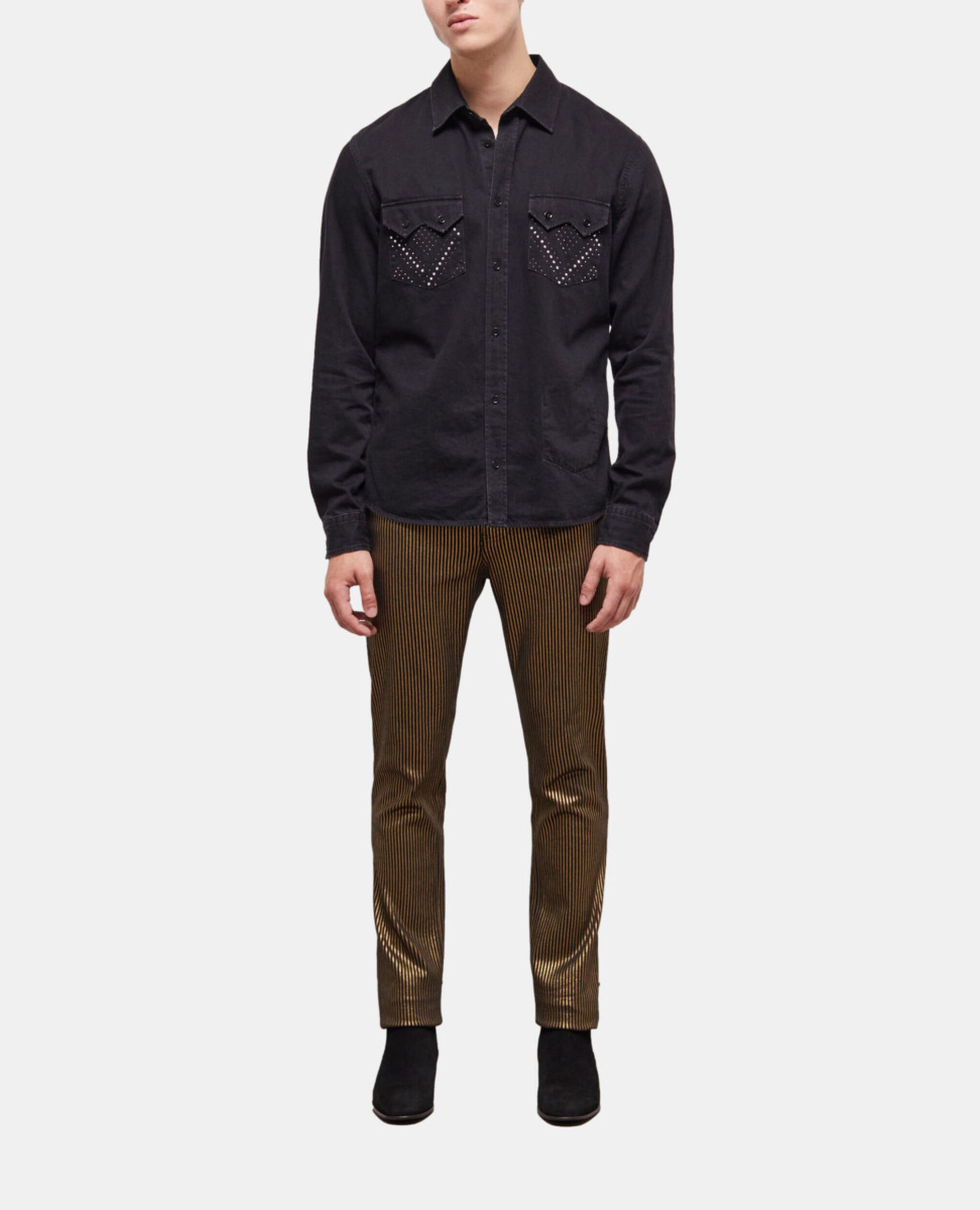 Black studded shirt with classic collar, BLACK WASHED, hi-res image number null