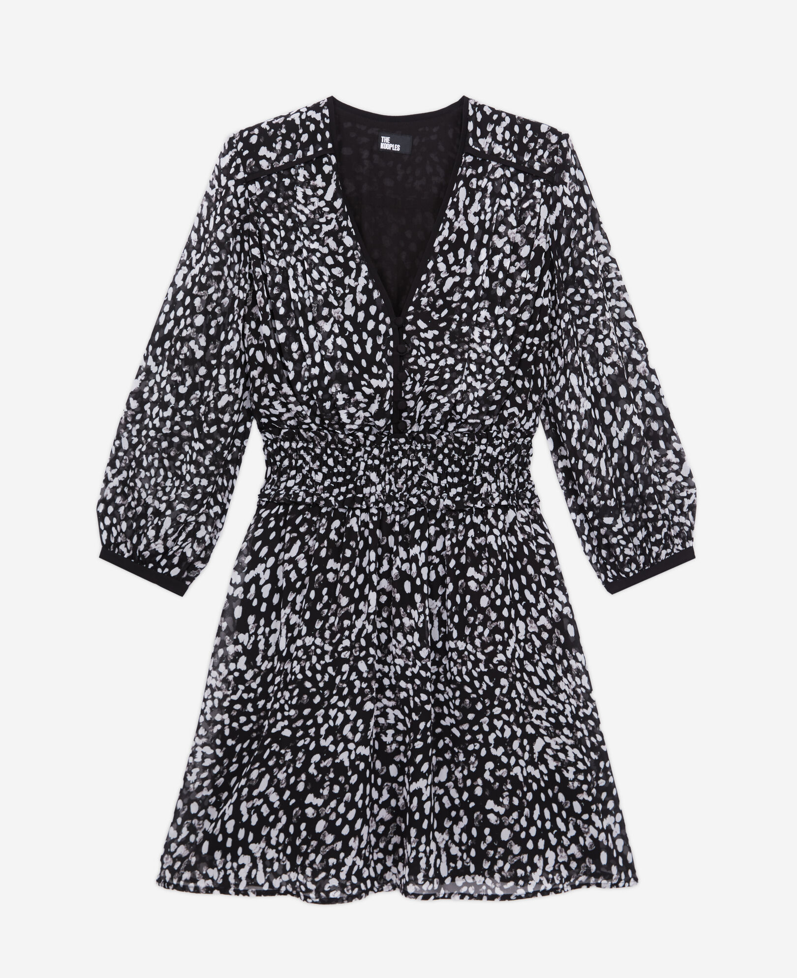 The Kooples WOMEN BLACK WHITE short printed dress with smocking
