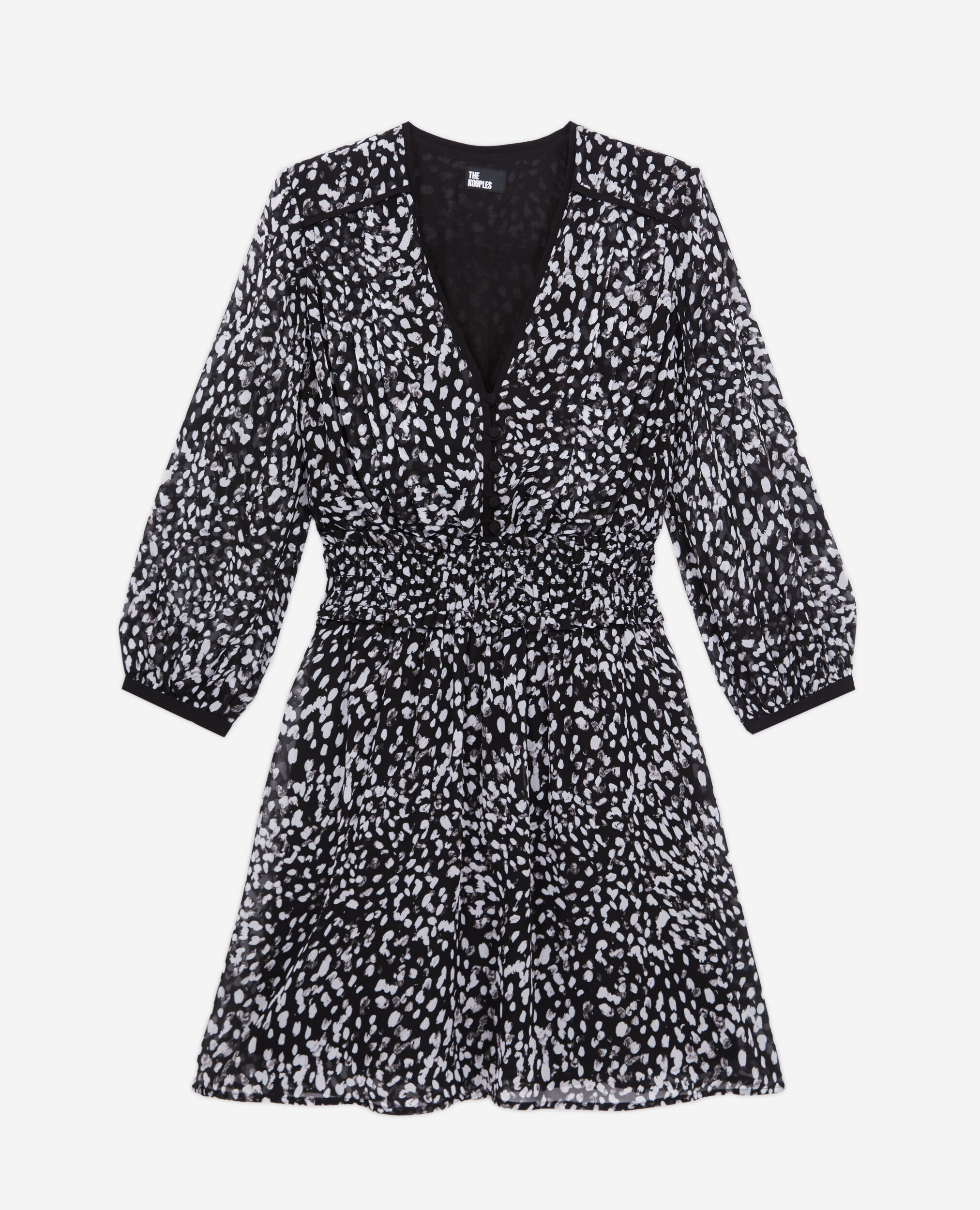 Short printed dress with smocking, BLACK WHITE, hi-res image number null