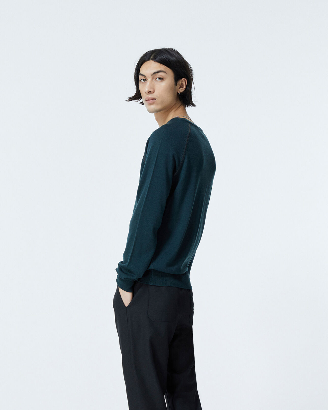 The Kooples MEN BOTTLE GREEN bottle green wool sweater w/leather details