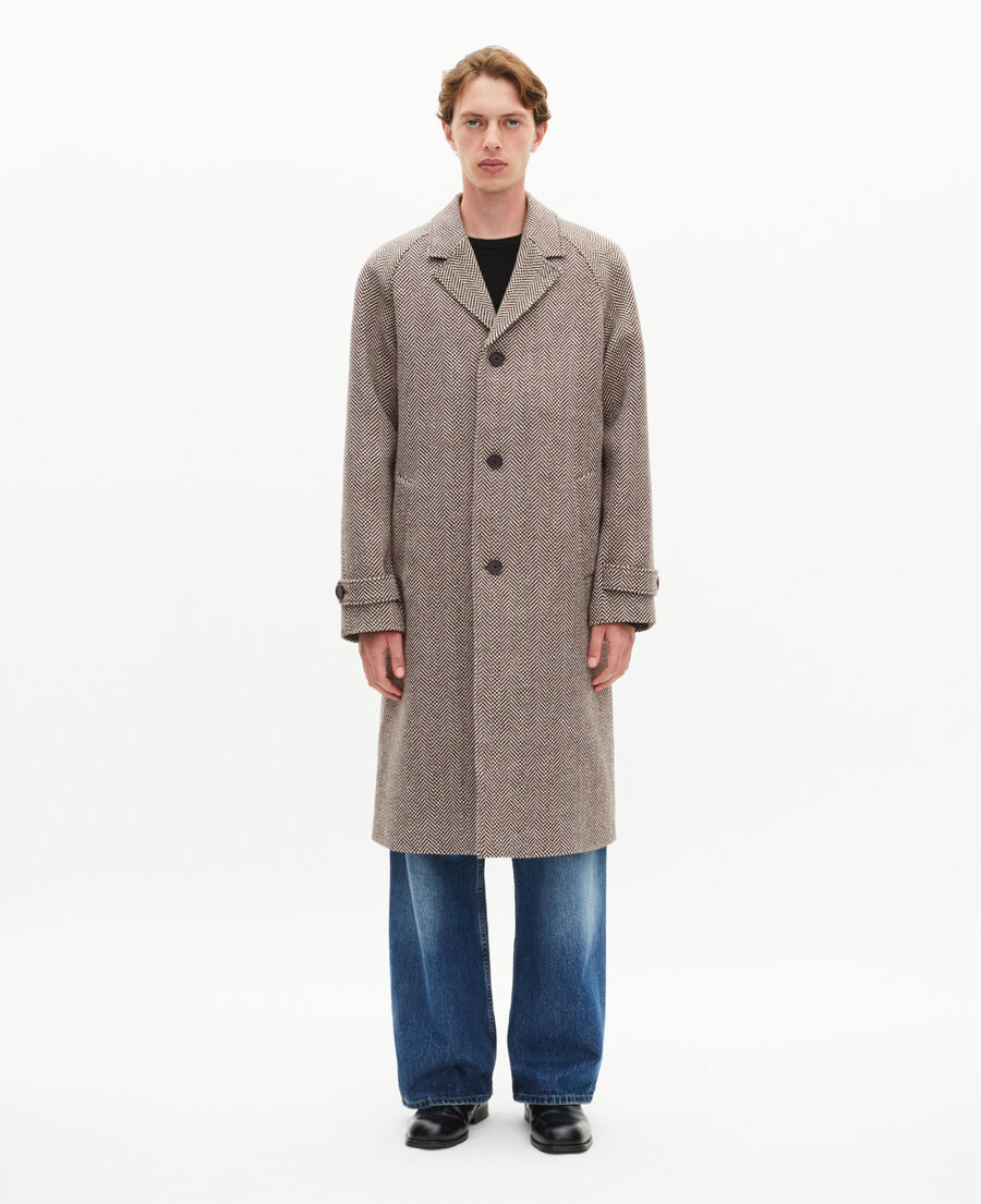 The Kooples H BROWN CHEVRON long brown wool herringbone coat