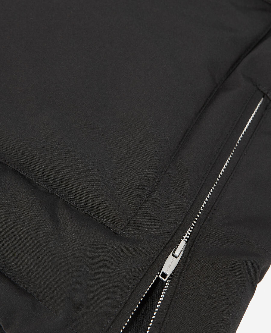 long black nylon parka with removable hood
