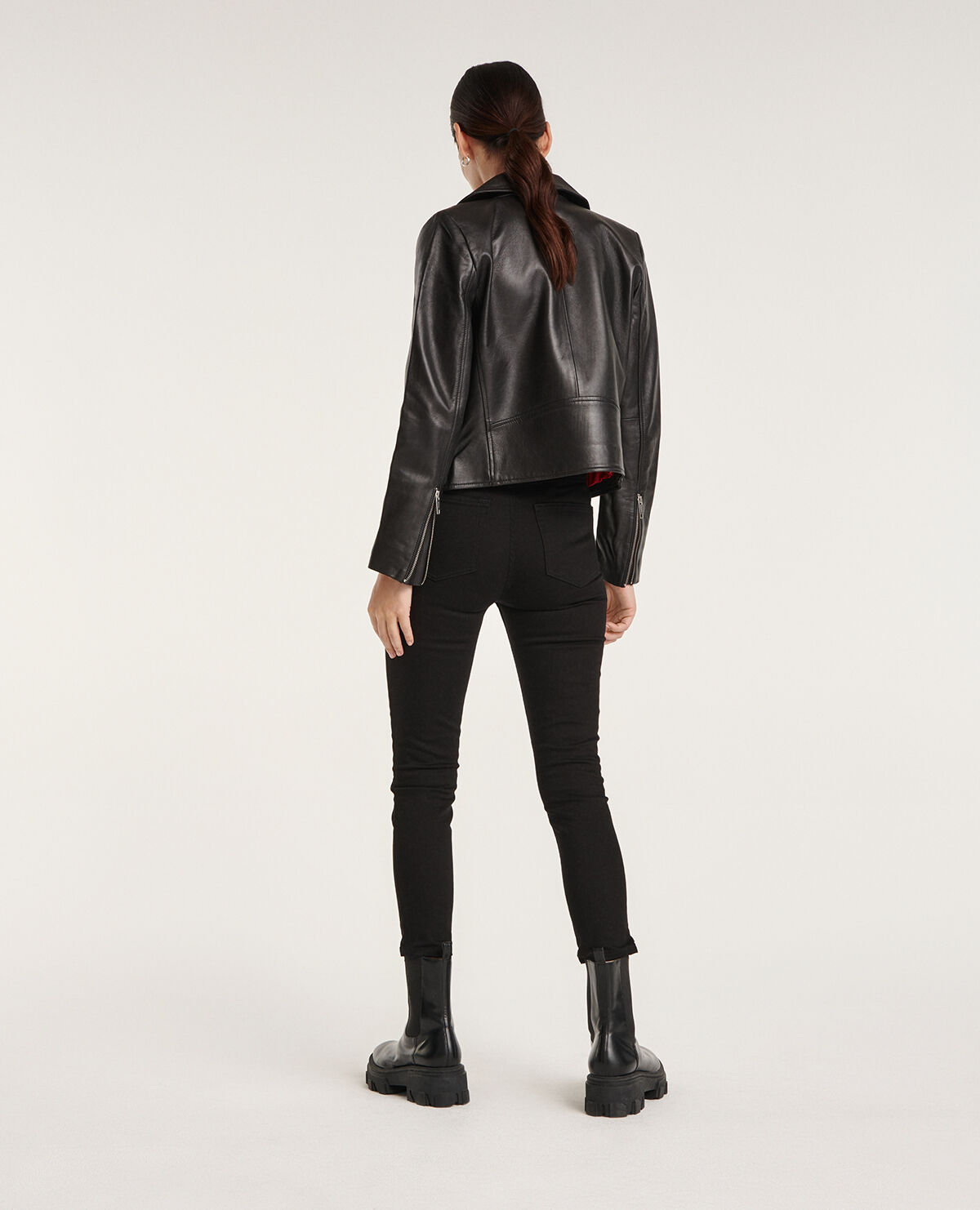 Black leather biker jacket with zippers