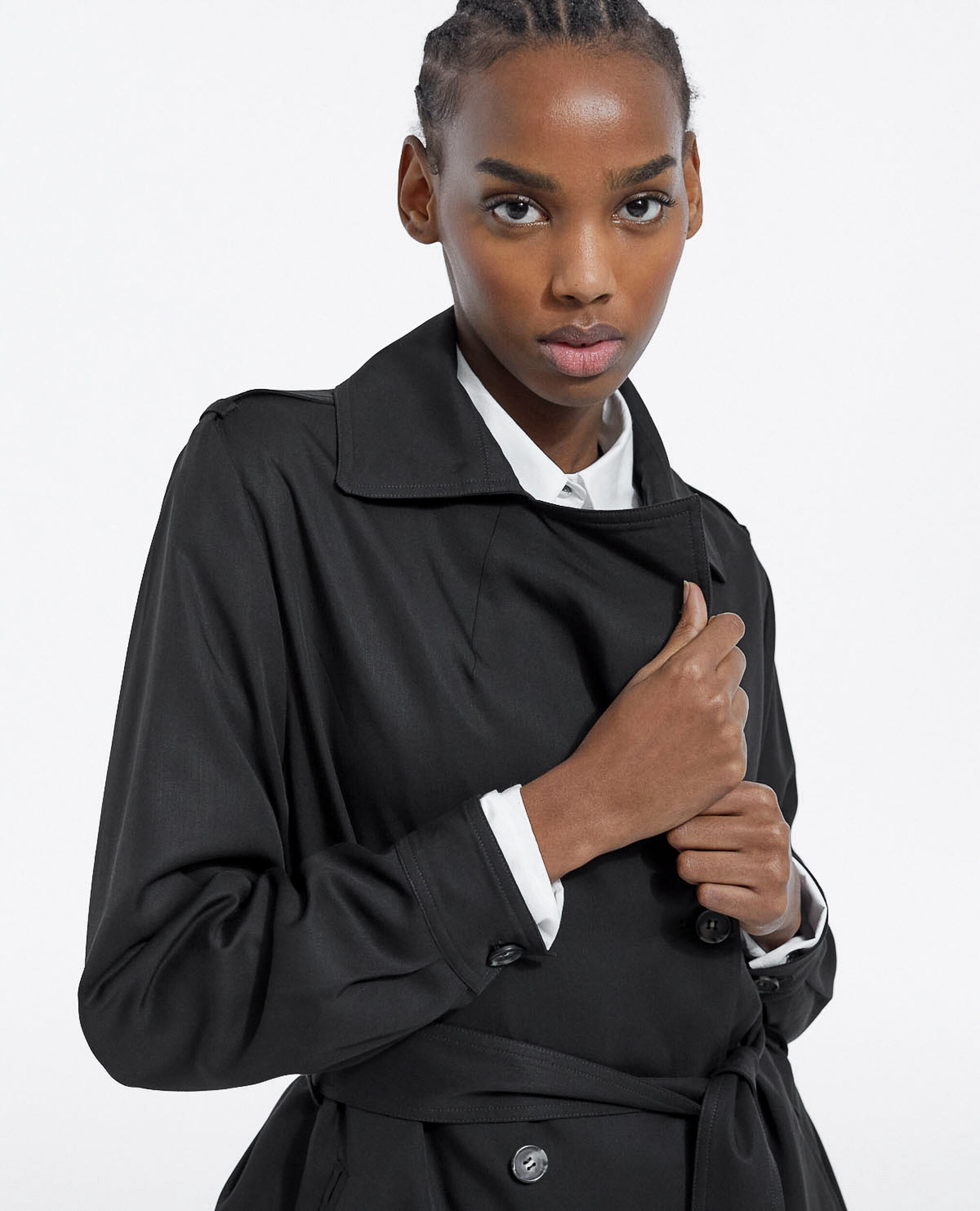 Black tencel trench coat with elastic back, BLACK, hi-res image number null