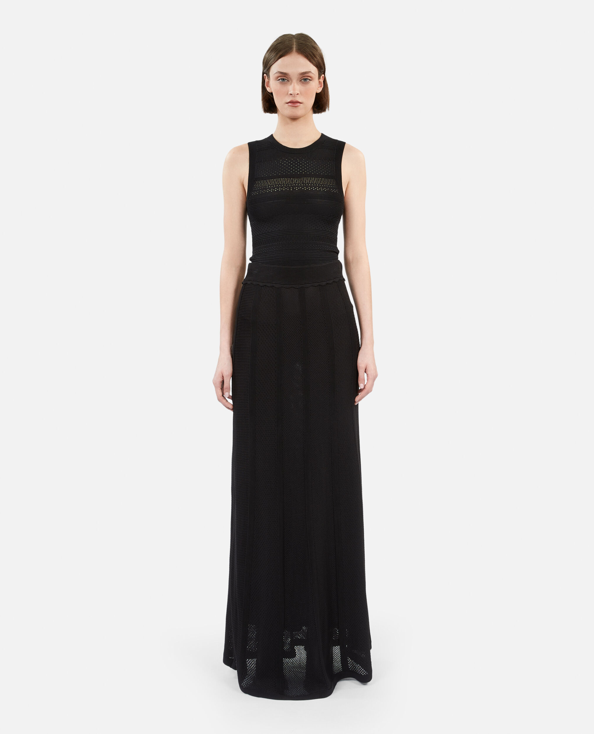 Long black openwork knit skirt, BLACK, hi-res image number null