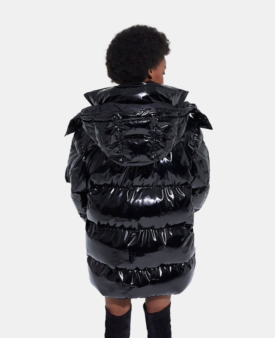 black oversized vinyl down jacket with straps and logo
