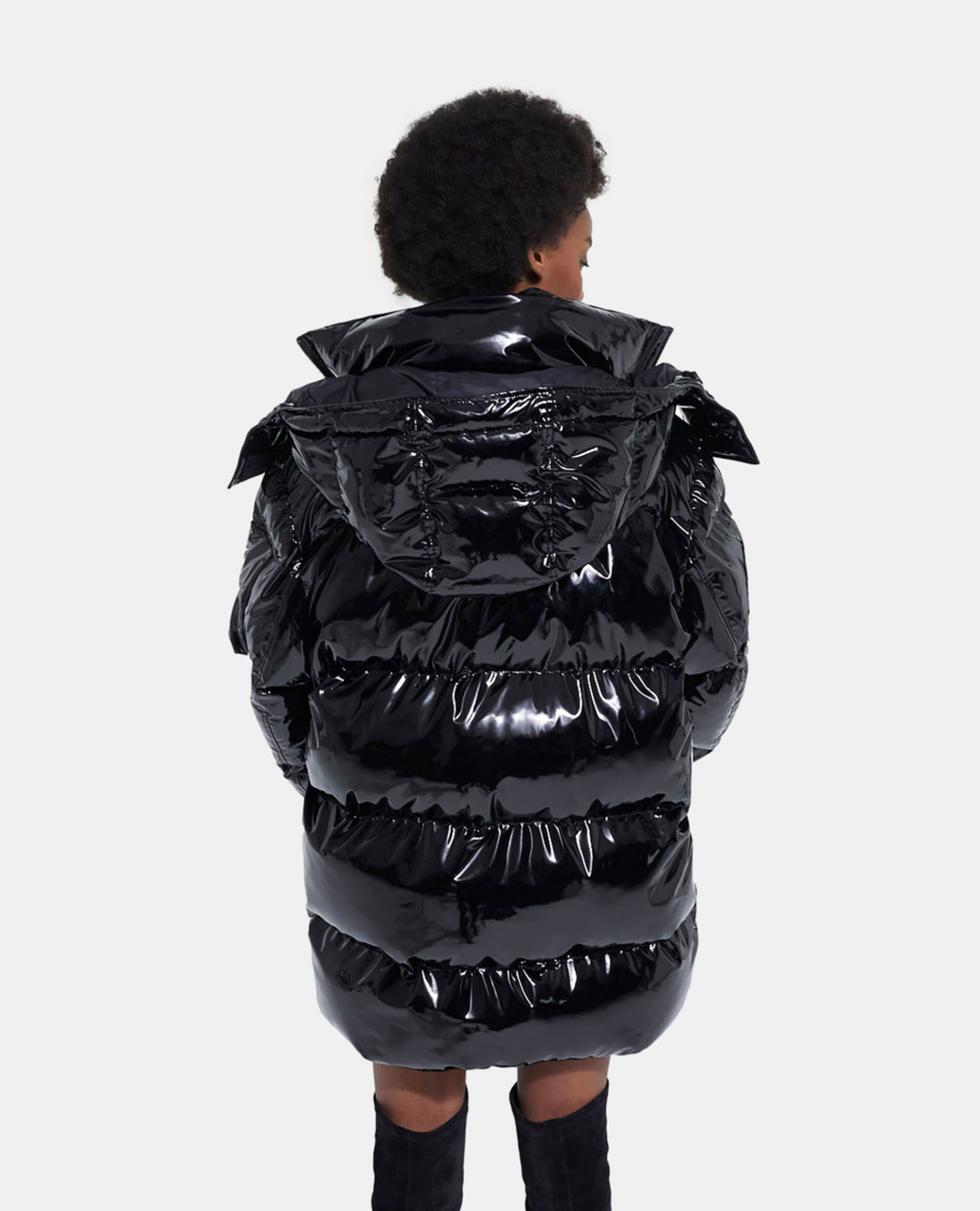 Black oversized vinyl down jacket with straps and logo, BLACK, hi-res image number null