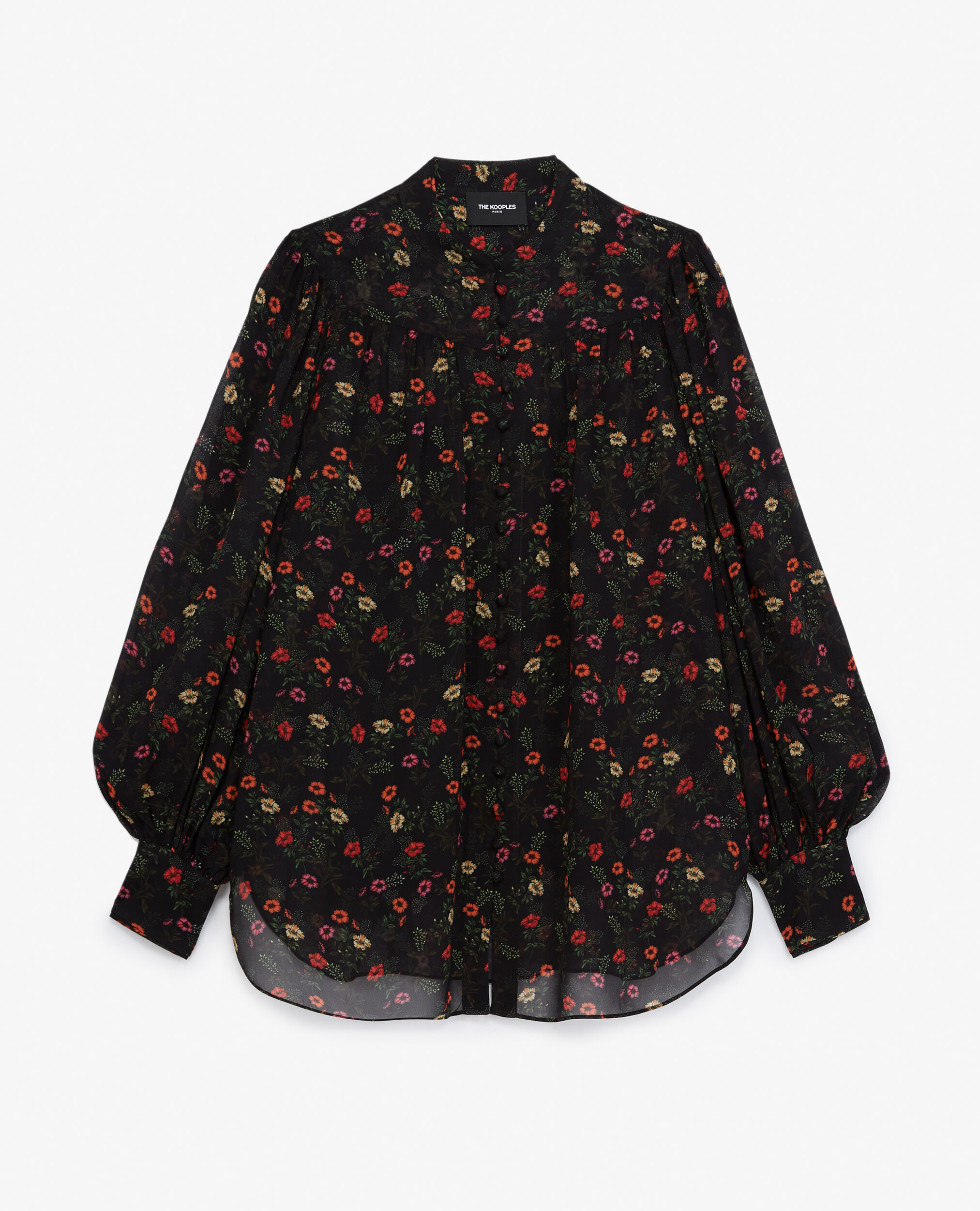 Flowing buttoned black top with floral print, MULTICOLOR, hi-res image number null
