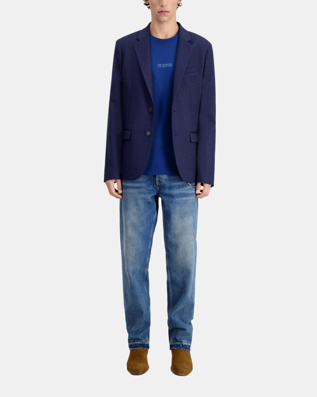 The Kooples MEN NAVY / ECRU navy blue striped wool suit jacket