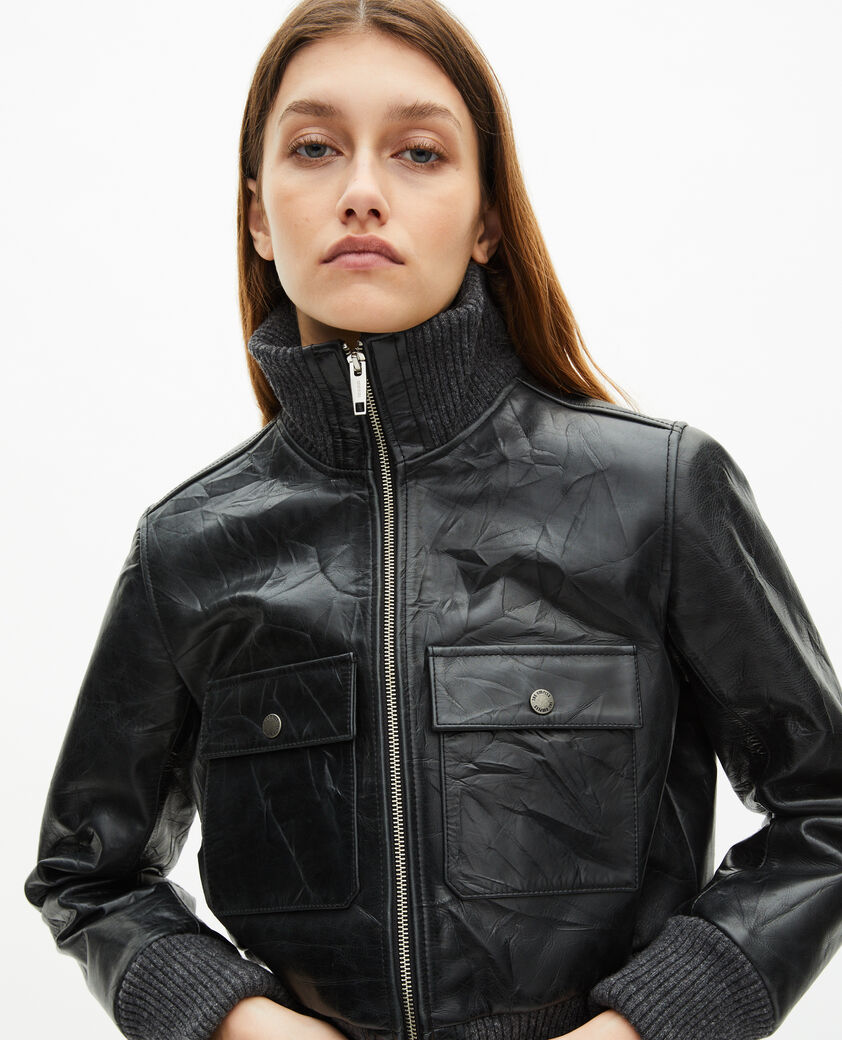 The Kooples FEMME BLACK blouson court en cuir vieilli noir