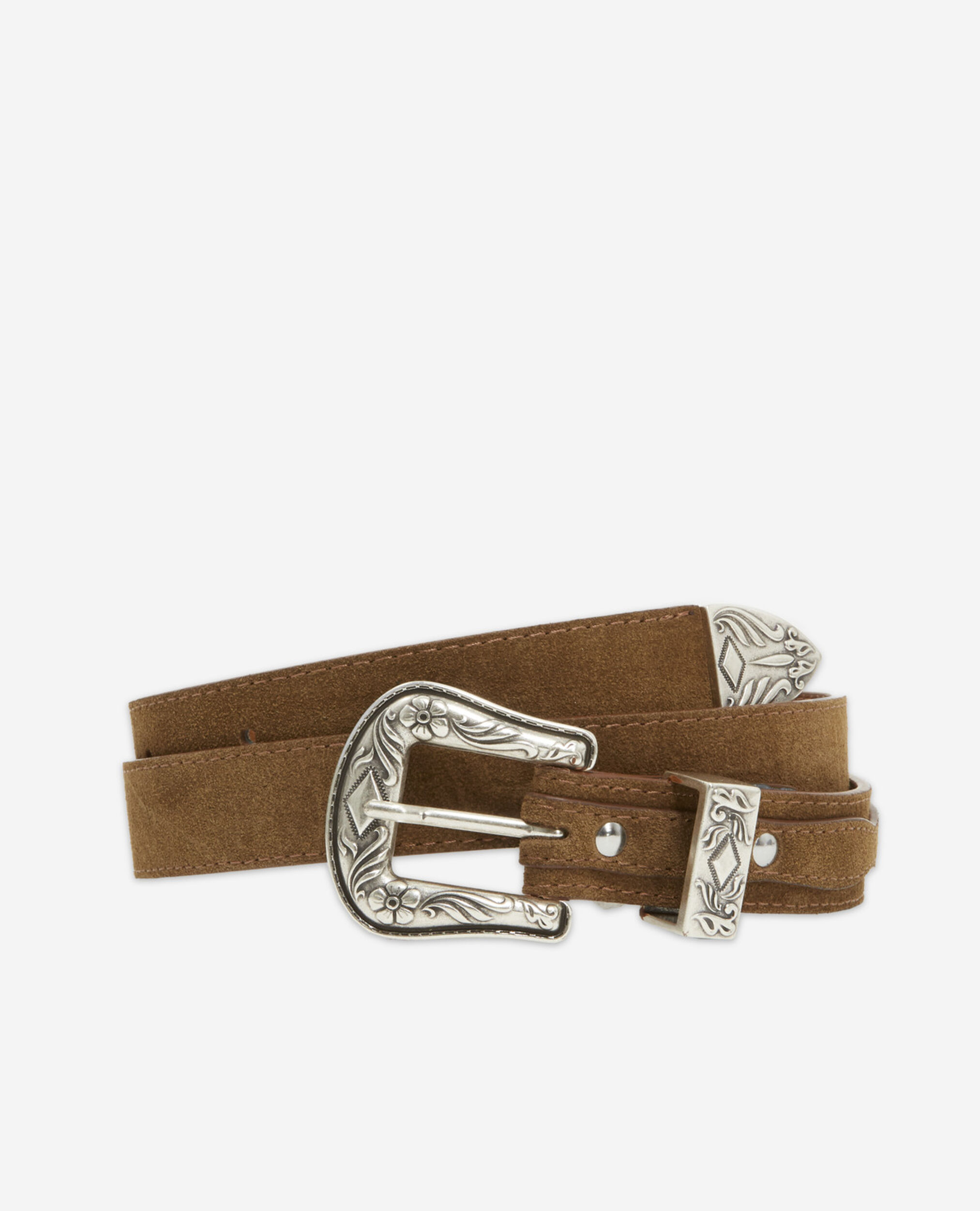 Brown leather belt with western-style yokes, BROWN, hi-res image number null