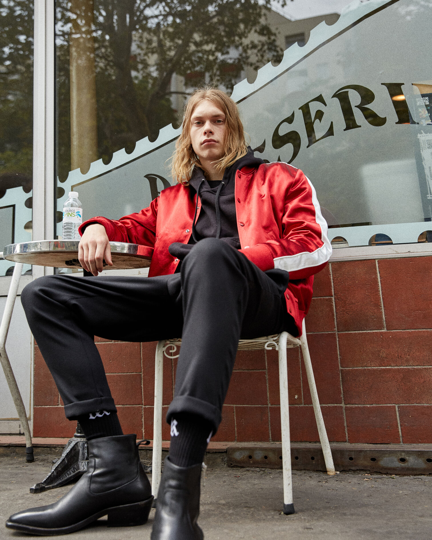 Blouson satin rouge bandes contrastées, RED / ECRU, hi-res image number null