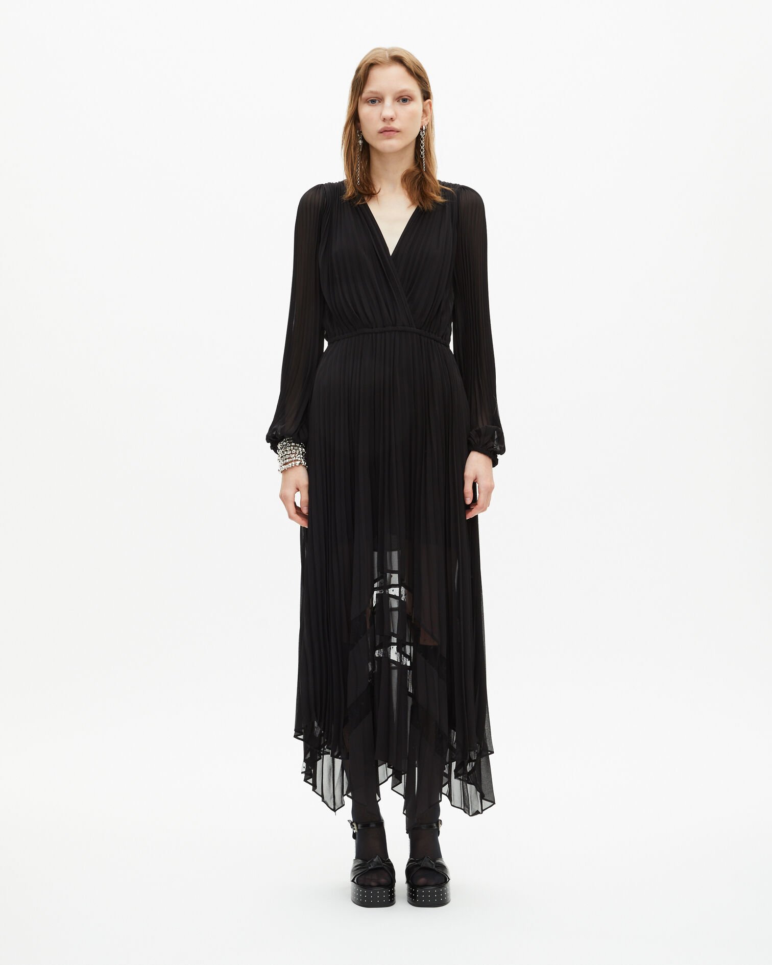 Vestido largo plisado negro, BLACK, hi-res image number null