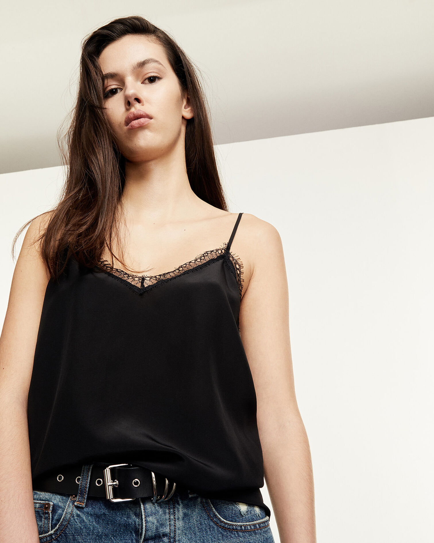 Black silk camisole with lace detail, BLACK, hi-res image number null