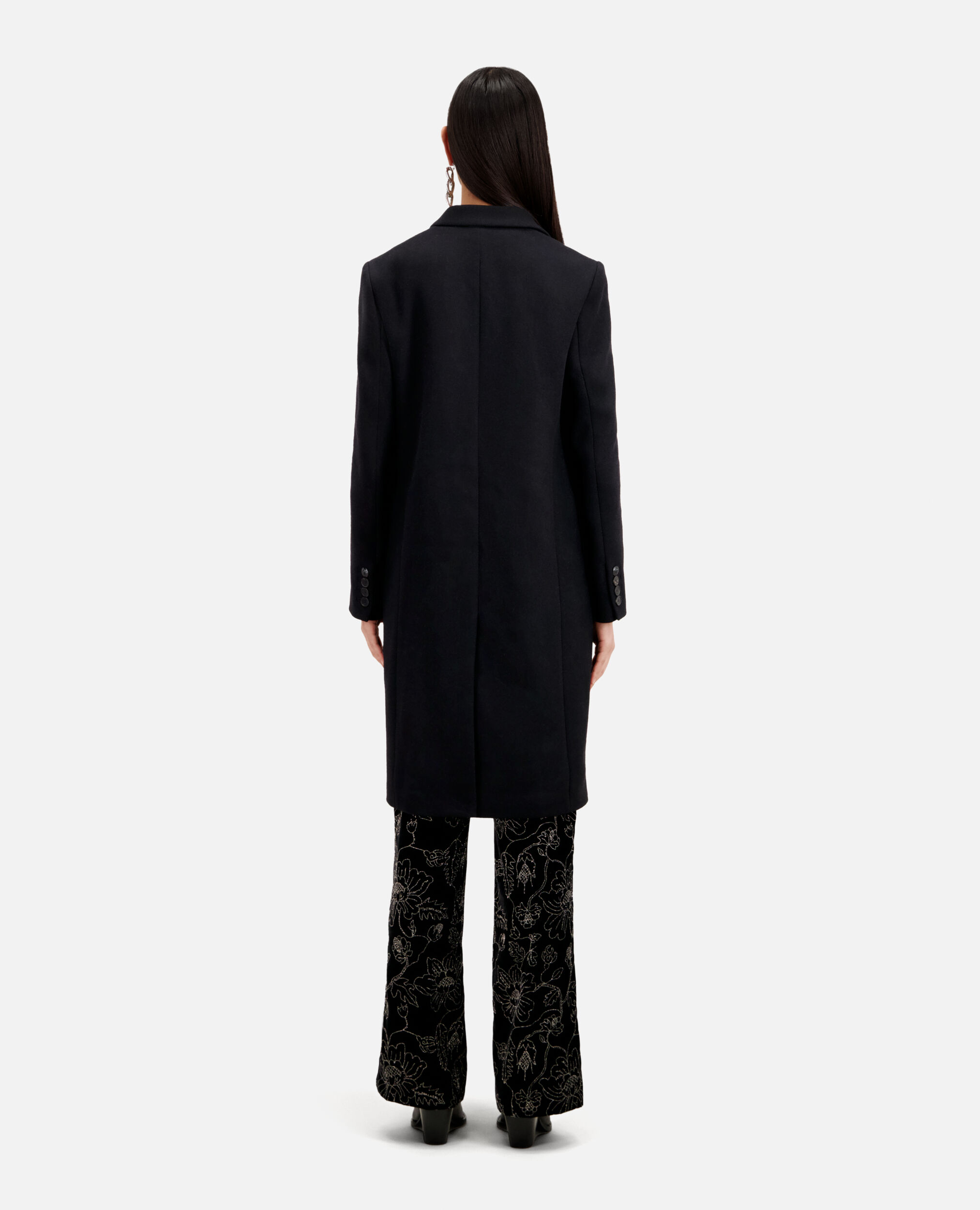Langer schwarzer Mantel aus Wolle, BLACK, hi-res image number null