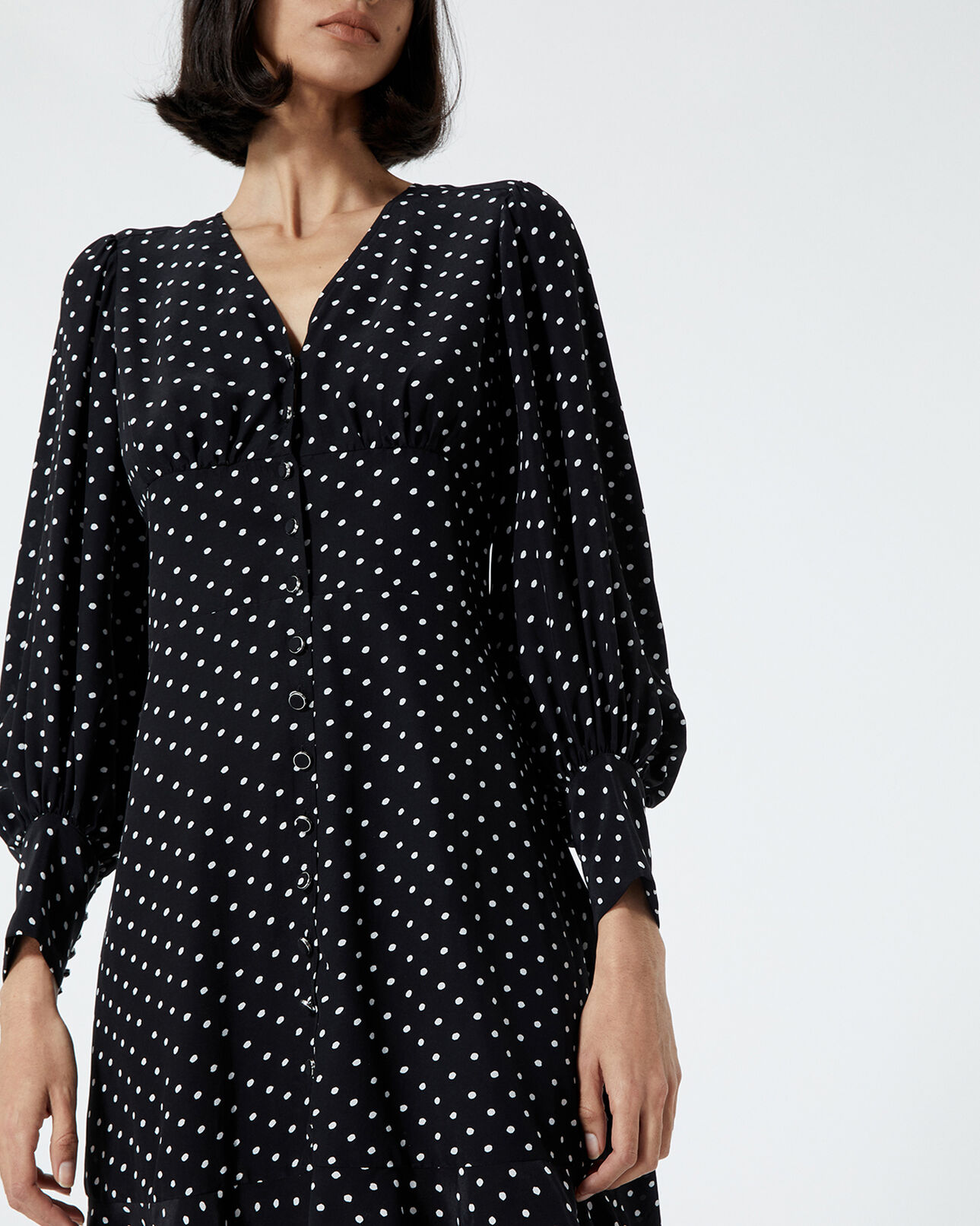 The Kooples FEMME BLACK-ECRU robe courte noire boutonnée à pois
