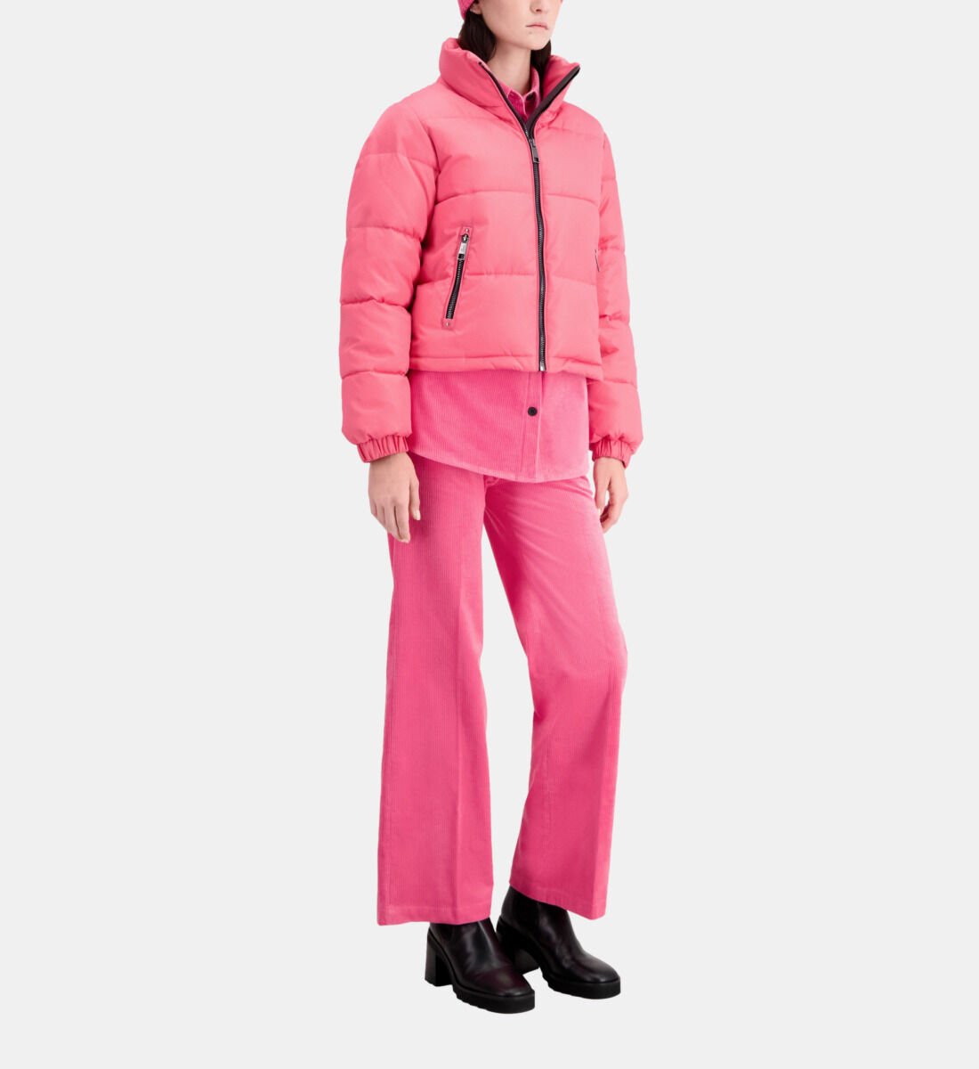 Pink and black puffer jacket on sale