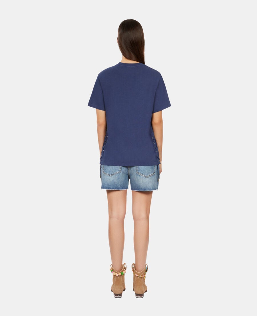 The Kooples DAMEN WASHED NAVY marineblaues t-shirt mit schnürung und eagle-siebdruck