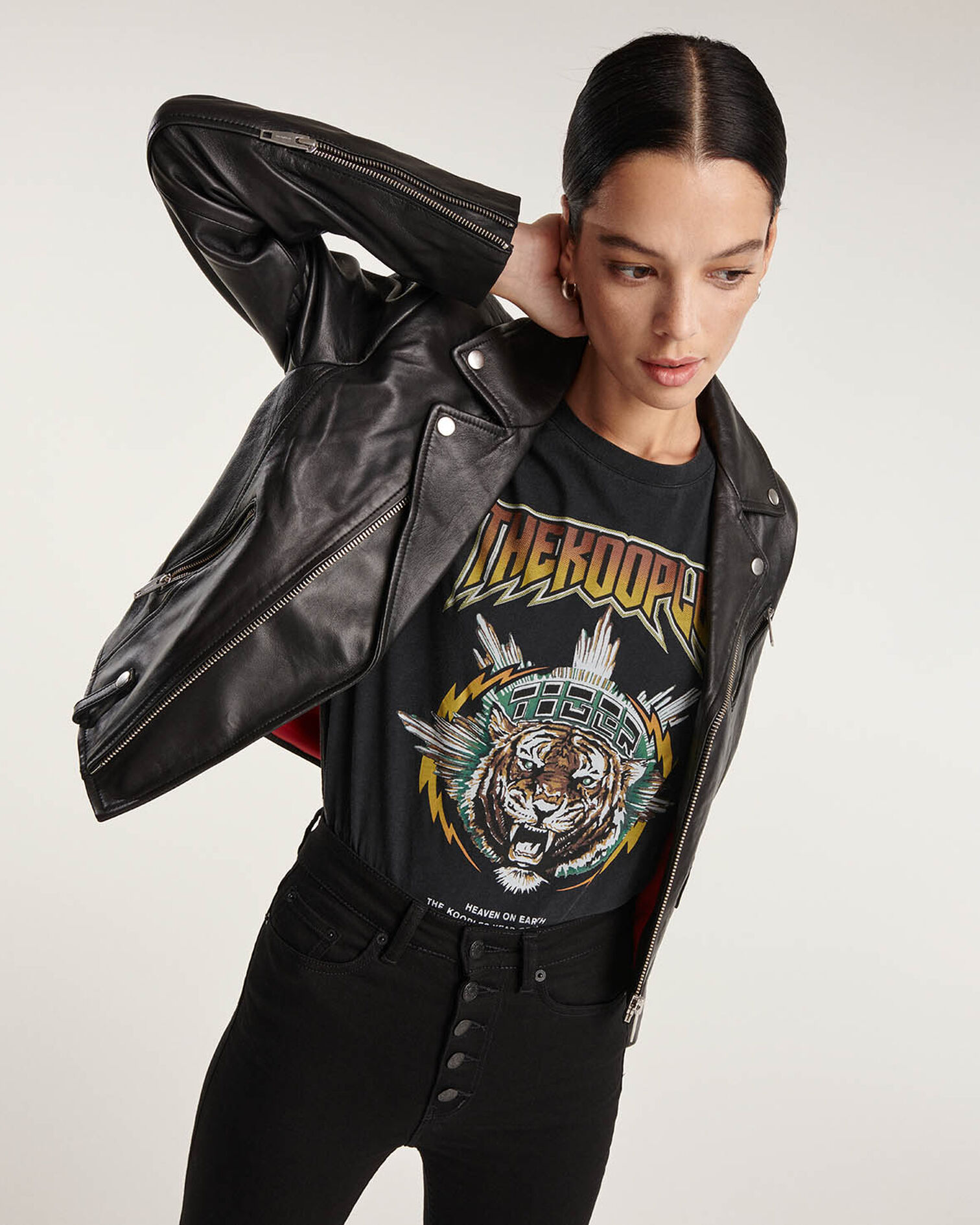 Veste motard cuir noir à détails zippés, BLACK, hi-res image number null