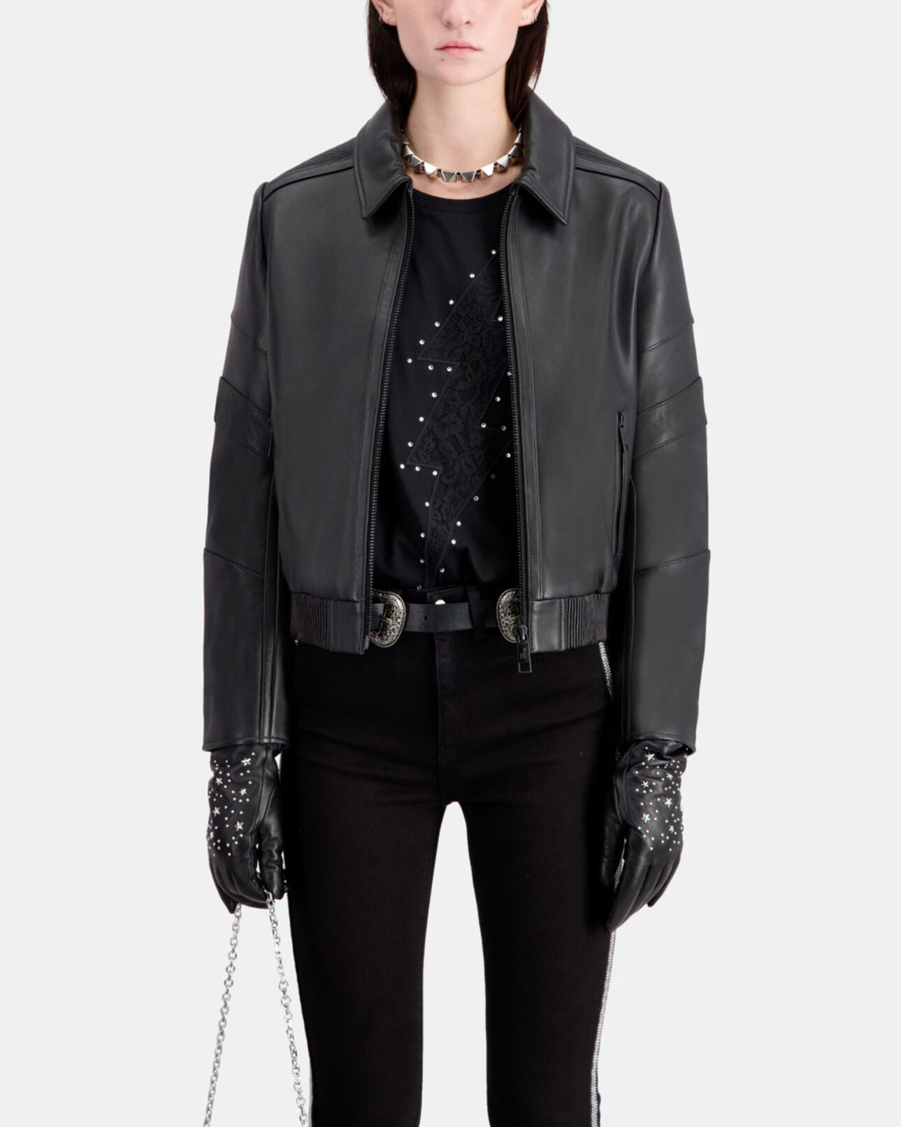 The Kooples FEMME BLACK blouson biker en cuir noir