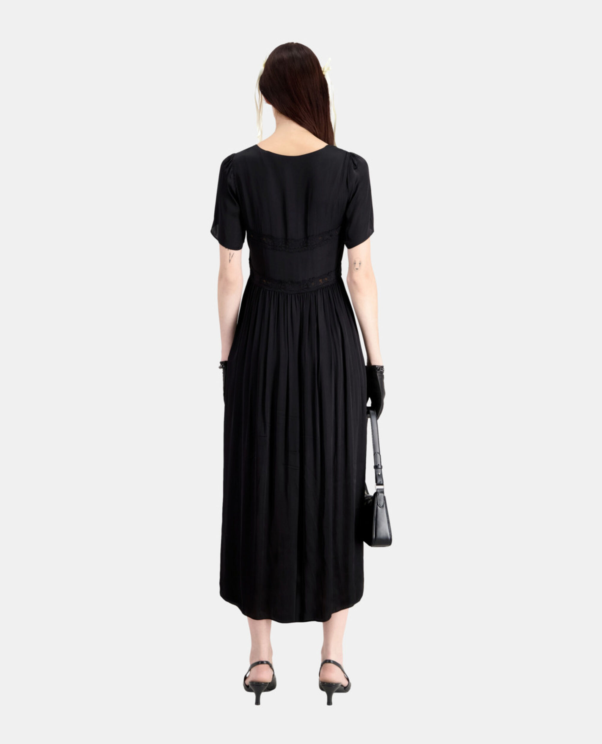 Long black dress with lace details, BLACK, hi-res image number null