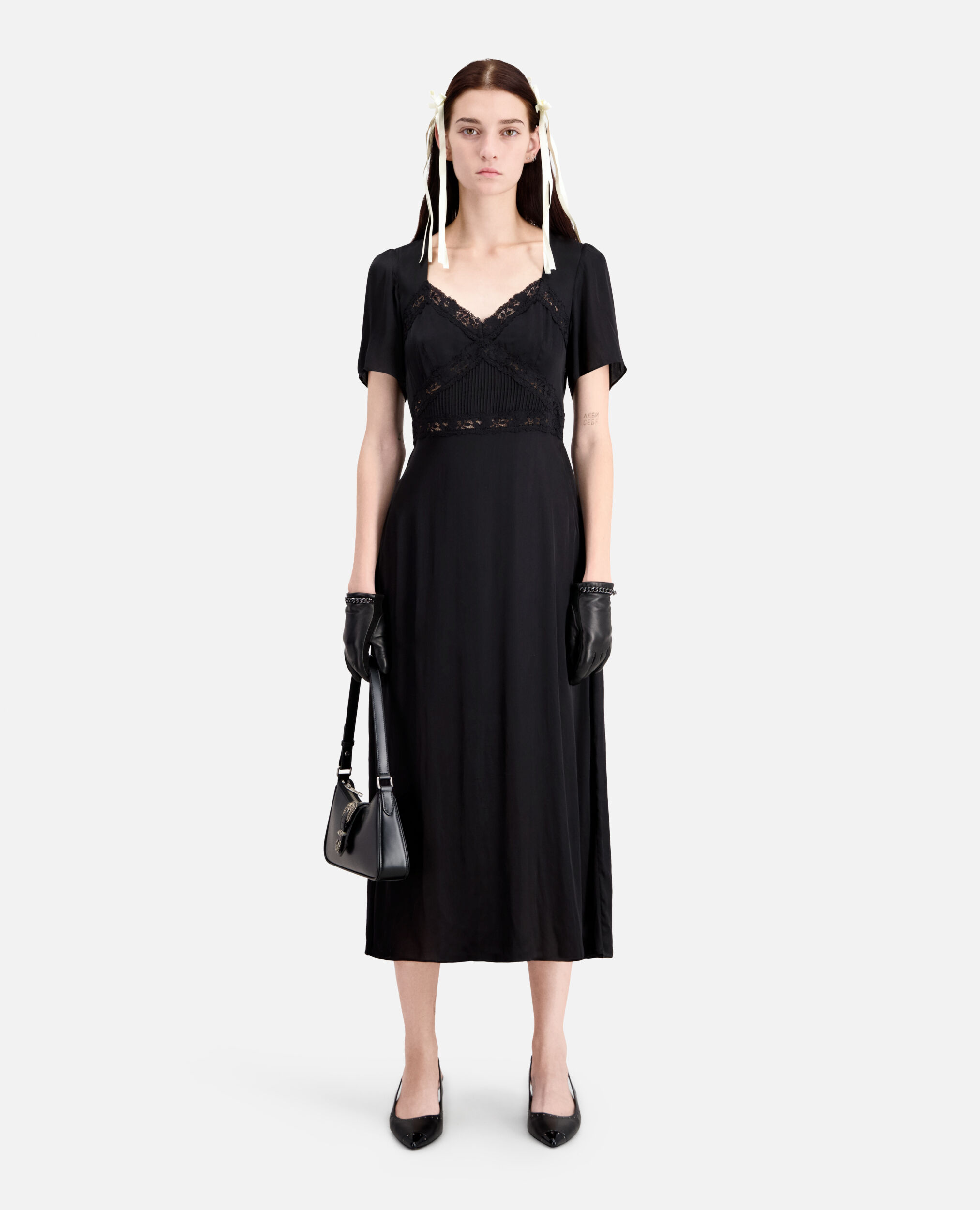 Long black dress with lace details, BLACK, hi-res image number null