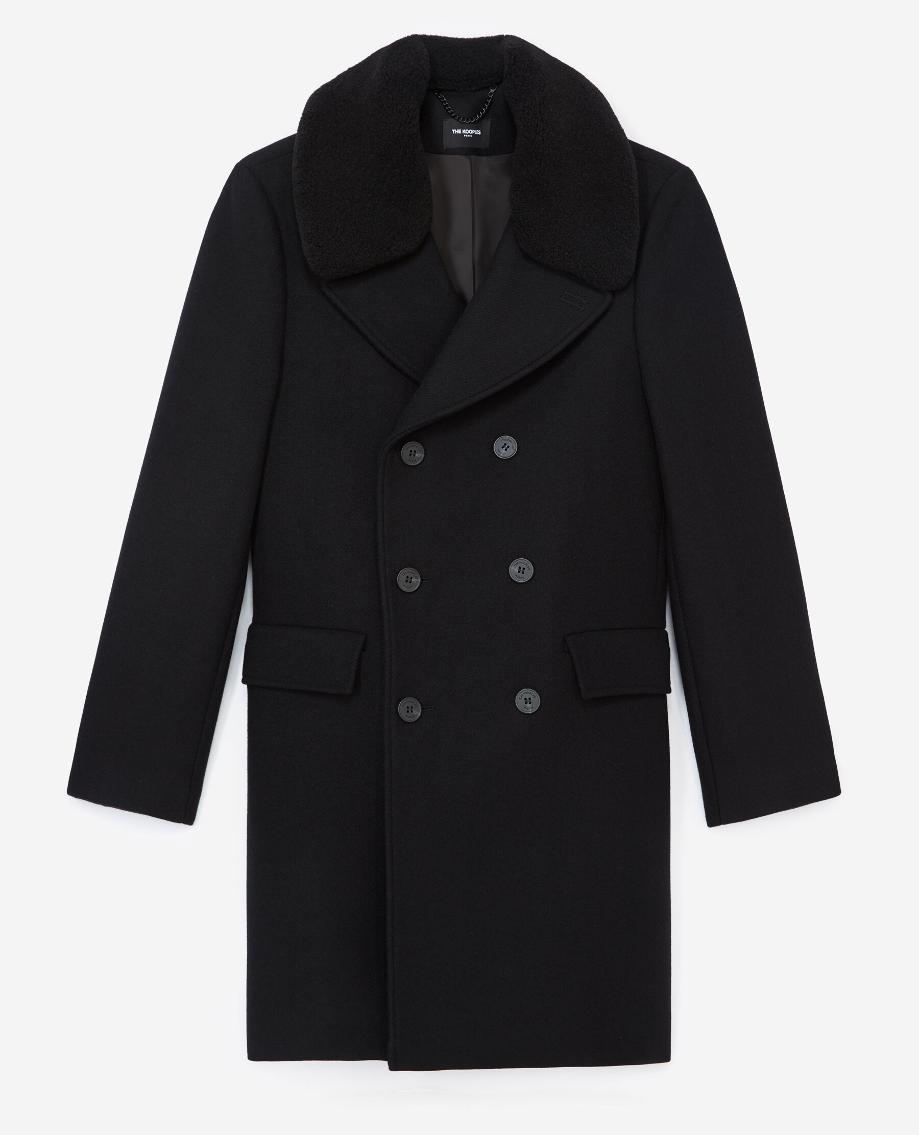 Manteau laine noire long a col mouton The Kooples