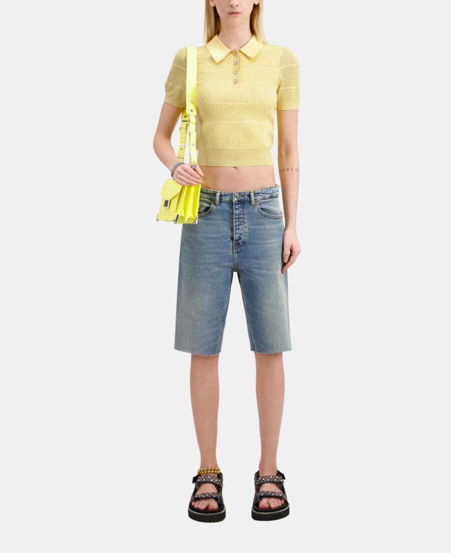 The Kooples F MELLOW YELLOW light yellow openwork knit polo t-shirt