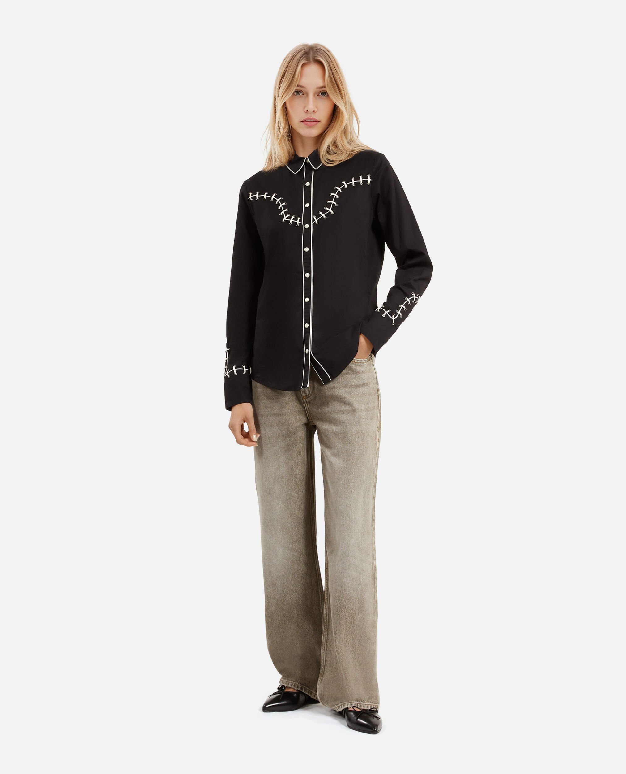 Camisa estilo occidental con bordado negro, BLACK, hi-res image number null