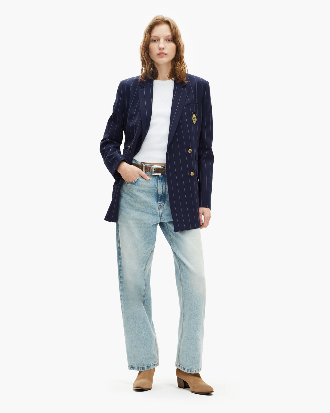 The Kooples WOMEN NAVY navy blue wool blend tennis stripe suit jacket