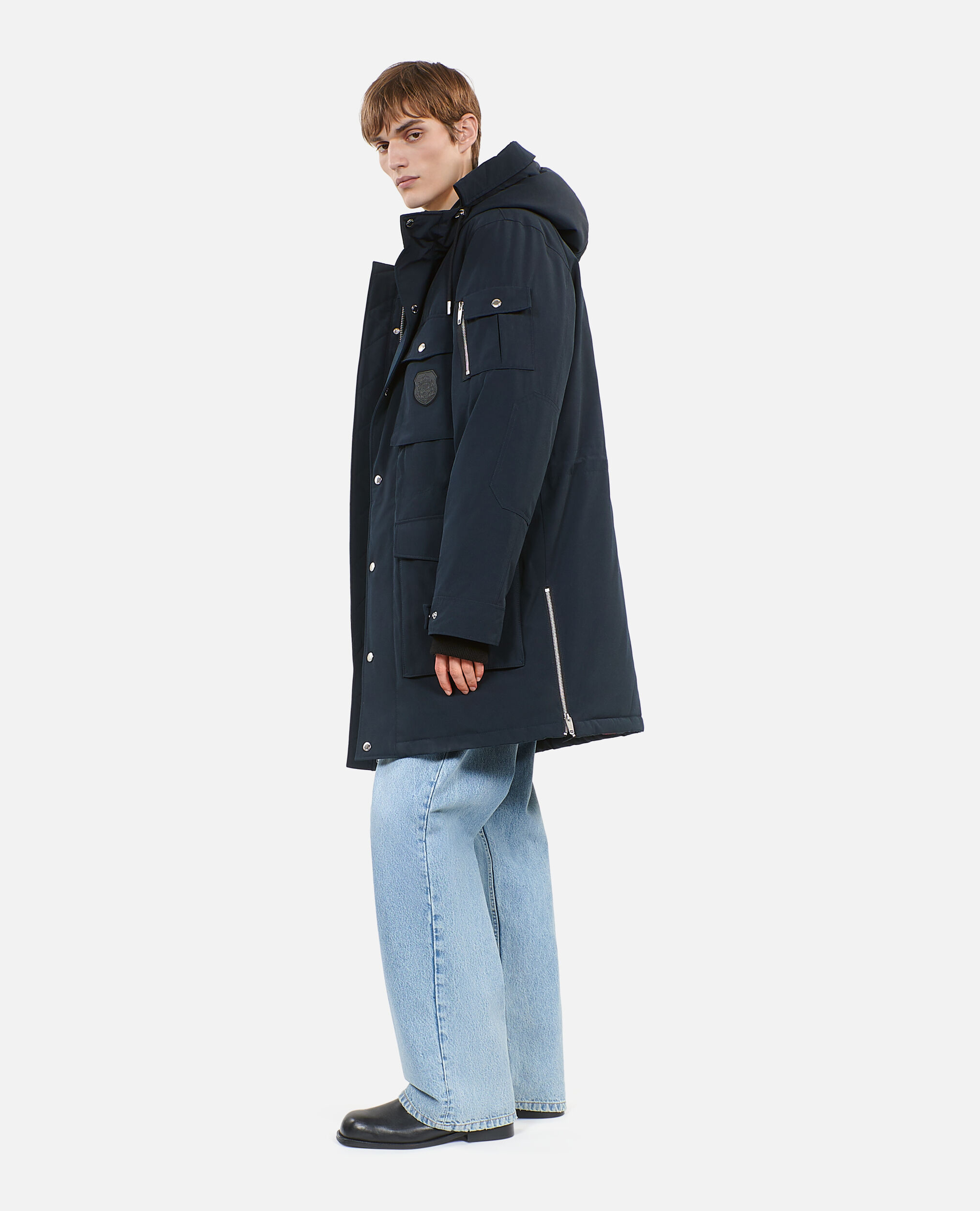 Navy blue hooded parka
