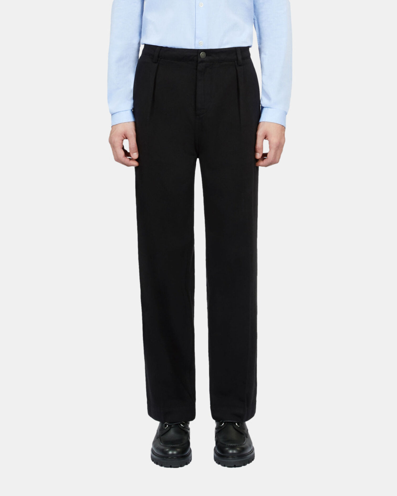 Black cotton and linen trousers with pleats, BLACK, hi-res image number null