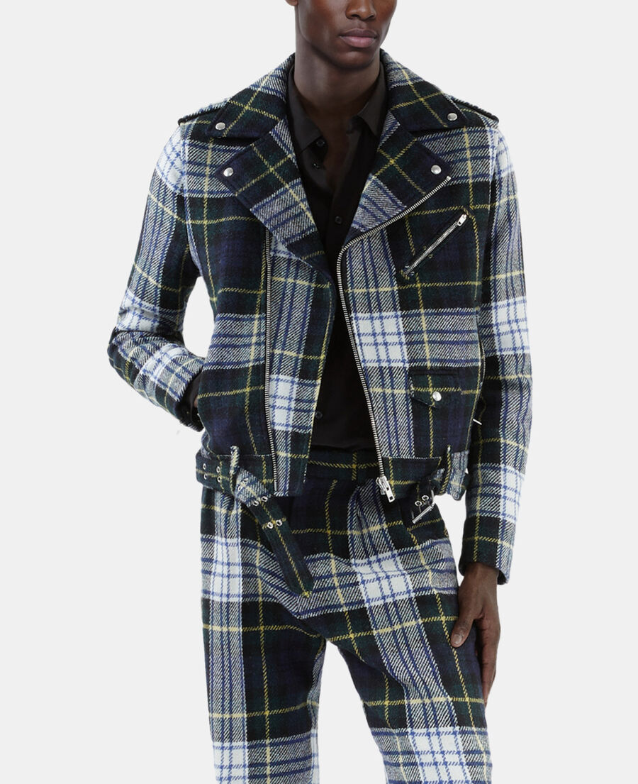 The Kooples MEN GREEN-WHITE green and navy blue check wool biker jacket the kooples x harris twed