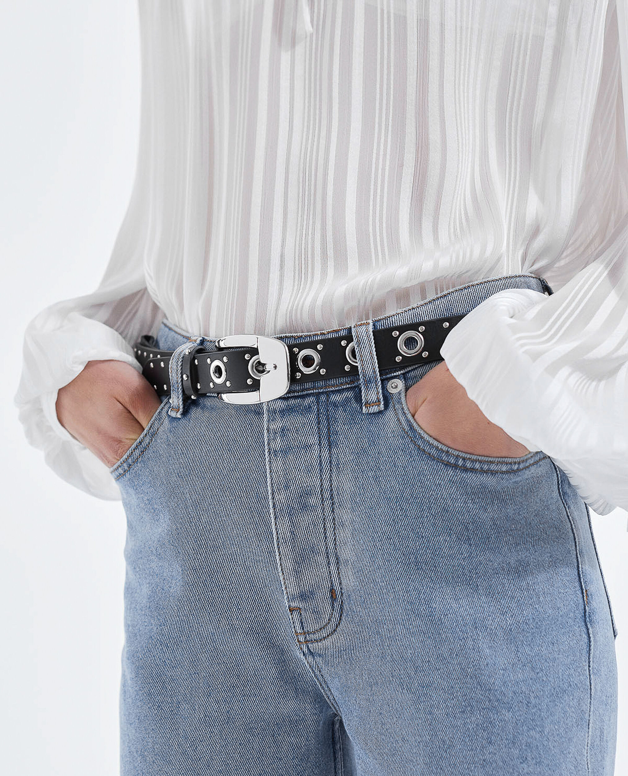 Black high-waist thin leather belt, BLACK, hi-res image number null