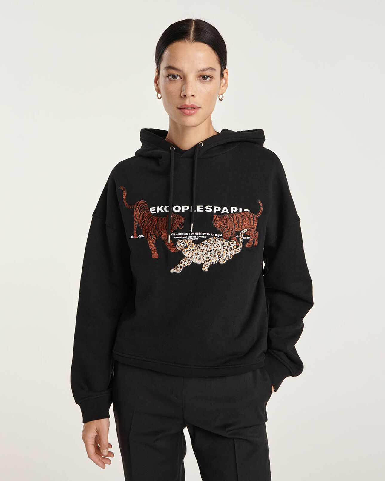 The Kooples FEMME BLACK sweat noir capuche ample motifs tigres