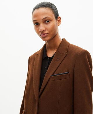The Kooples WOMEN CHOCOLATE long wool coat with brown leather details
