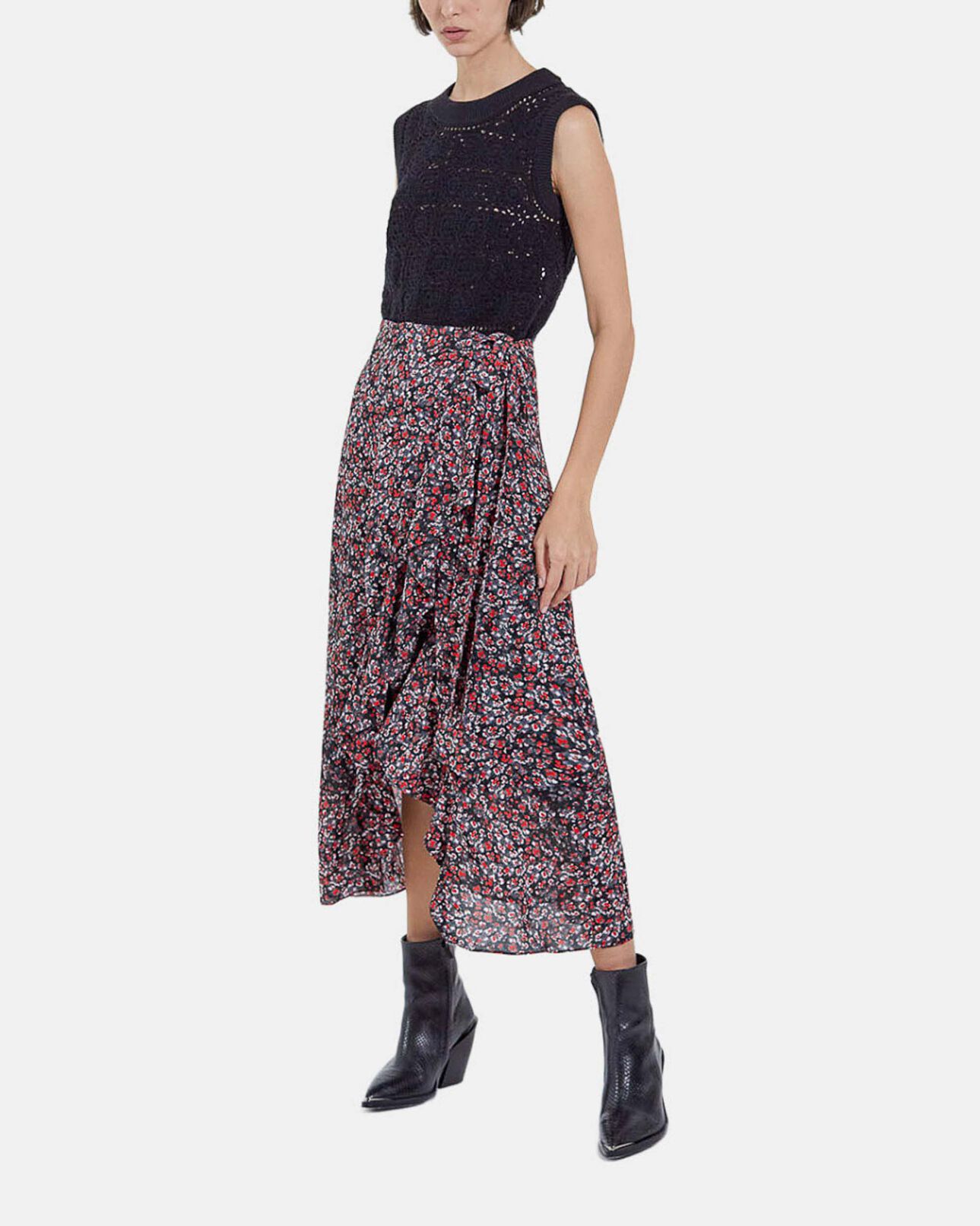 The Kooples FEMME BLACK - RED jupe longue imprimé fleuri