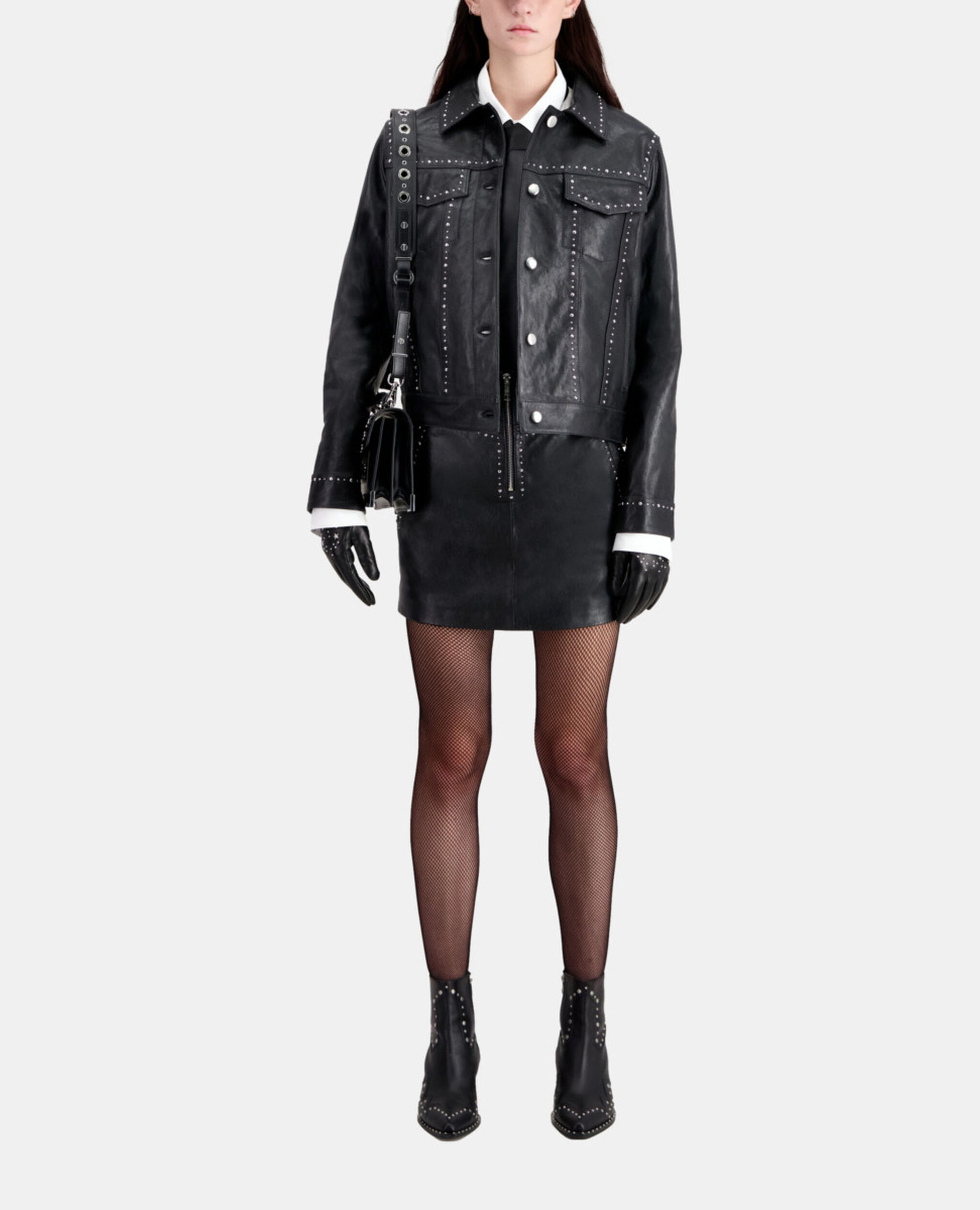 Black leather jacket with studs, BLACK, hi-res image number null