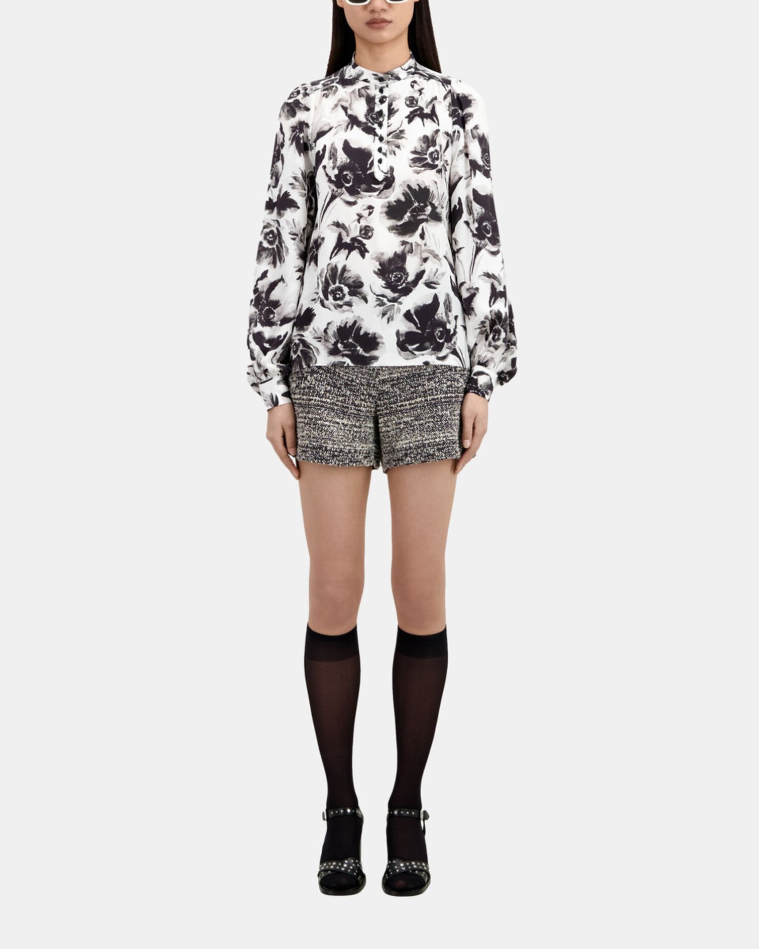 Printed top with buttoning, BLACK WHITE, hi-res image number null