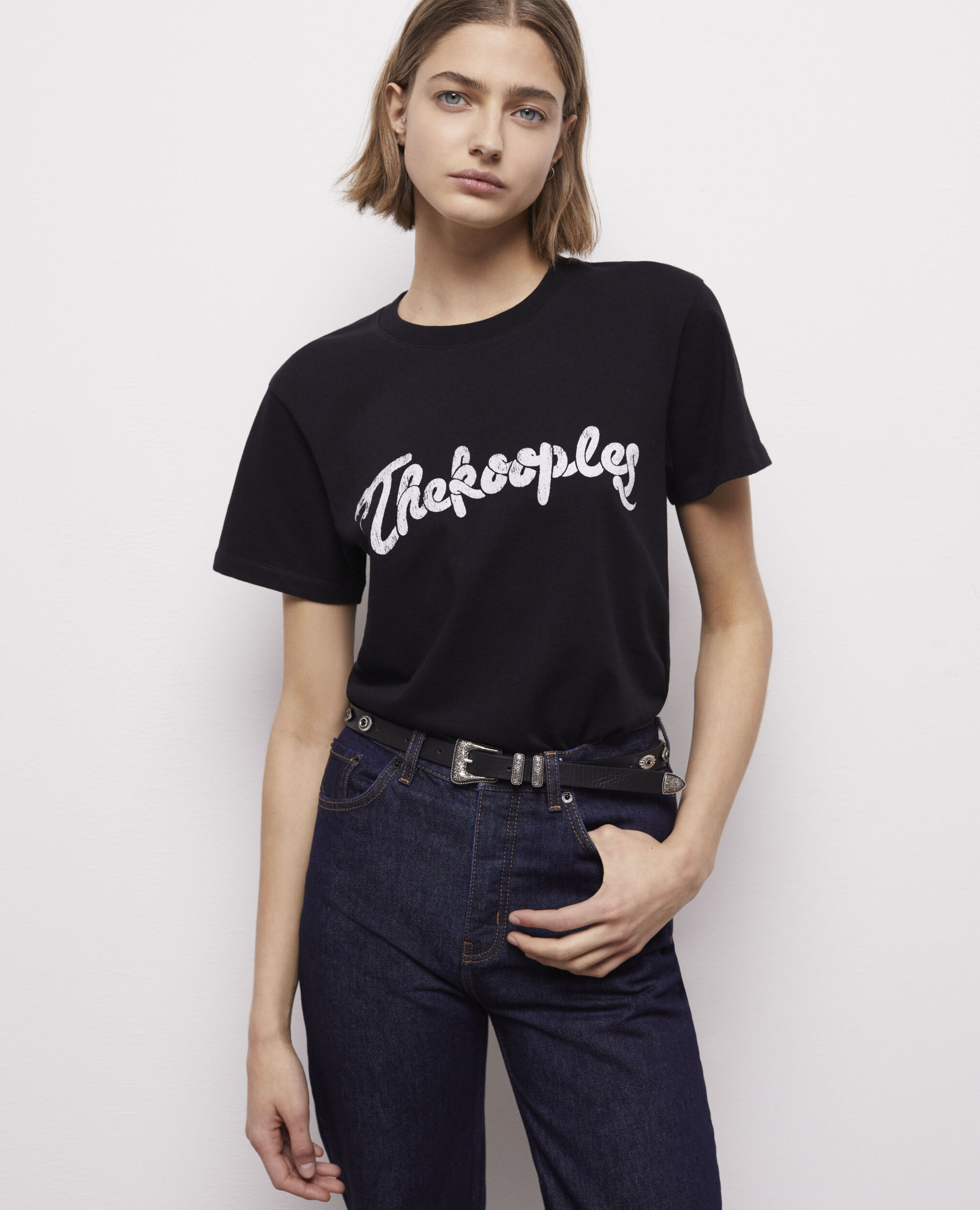 Schwarzes T-Shirt Damen mit Schlangenlogo-Siebdruck, BLACK WASHED, hi-res image number null