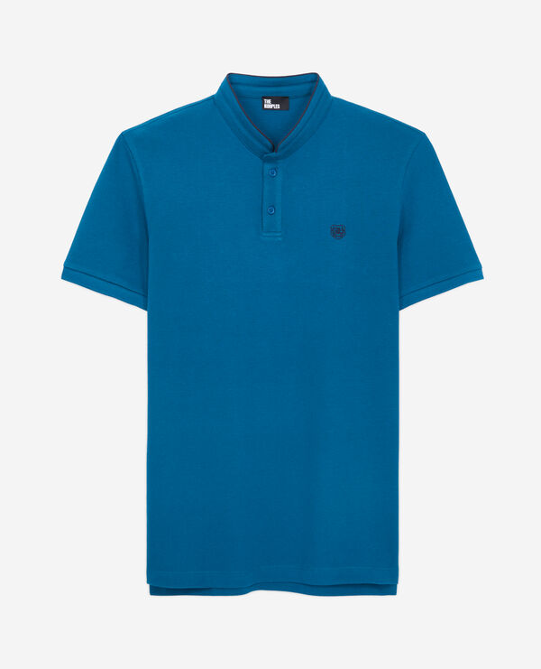 camisa polo azul algodón