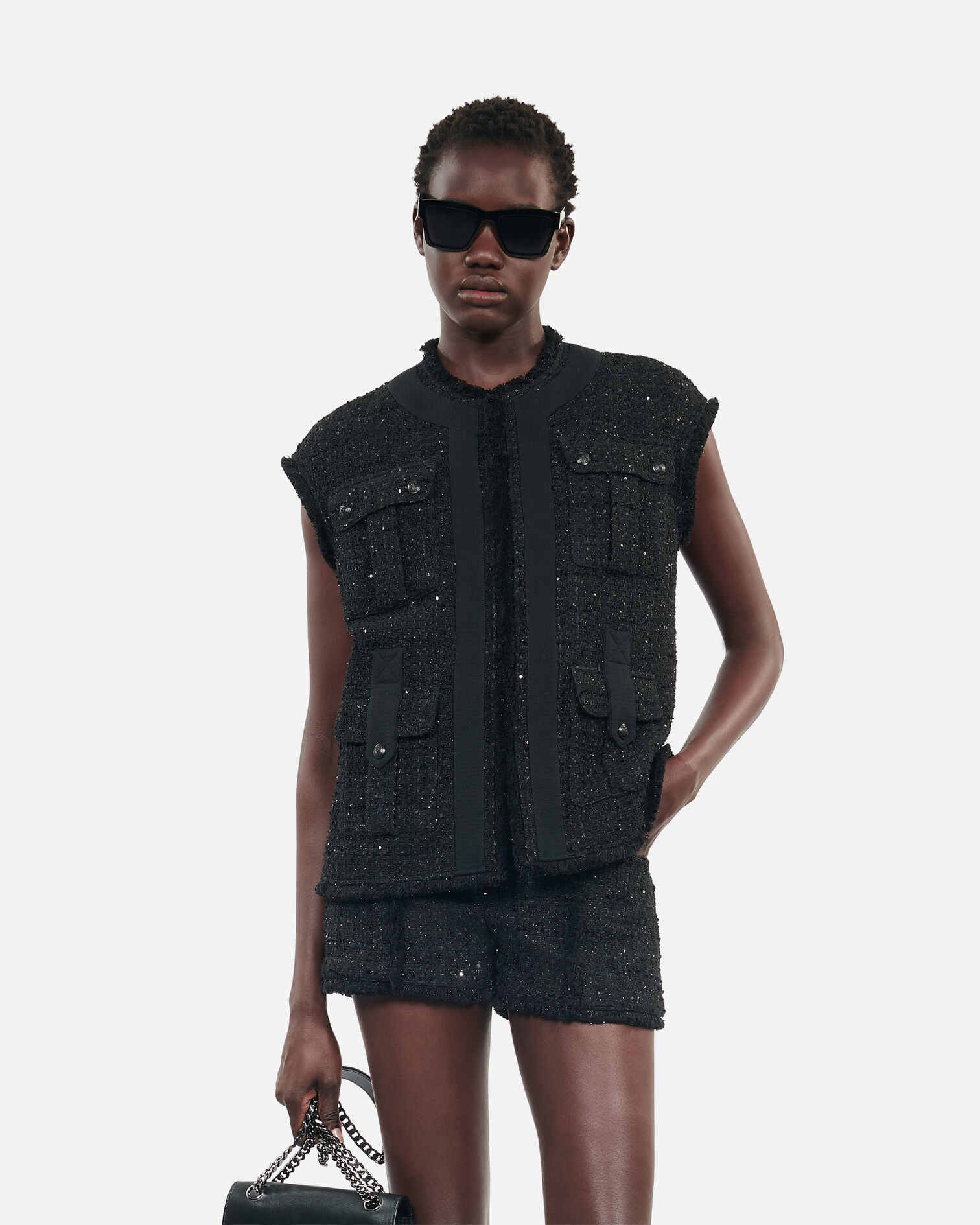 Black tweed sleeveless jacket, BLACK, hi-res image number null