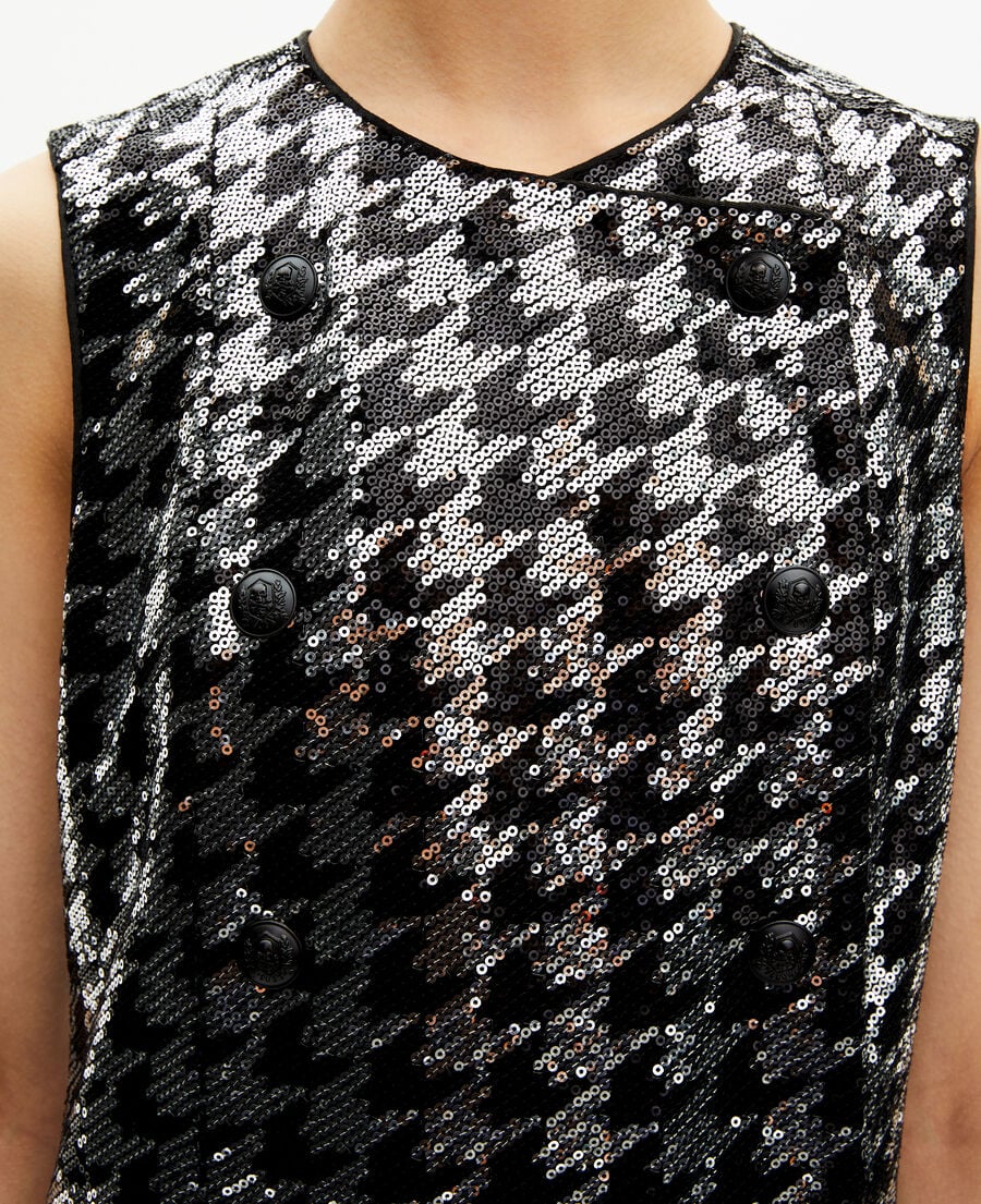 The Kooples FEMME BLACK WHITE robe courte en pied de poule &agrave; sequins noire