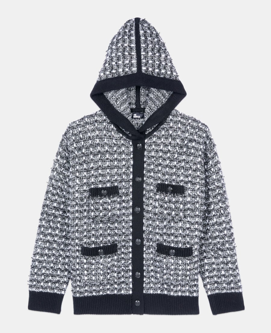 The Kooples FEMME BLACK / WHITE cardigan &agrave; capuche en tweed noir et blanc