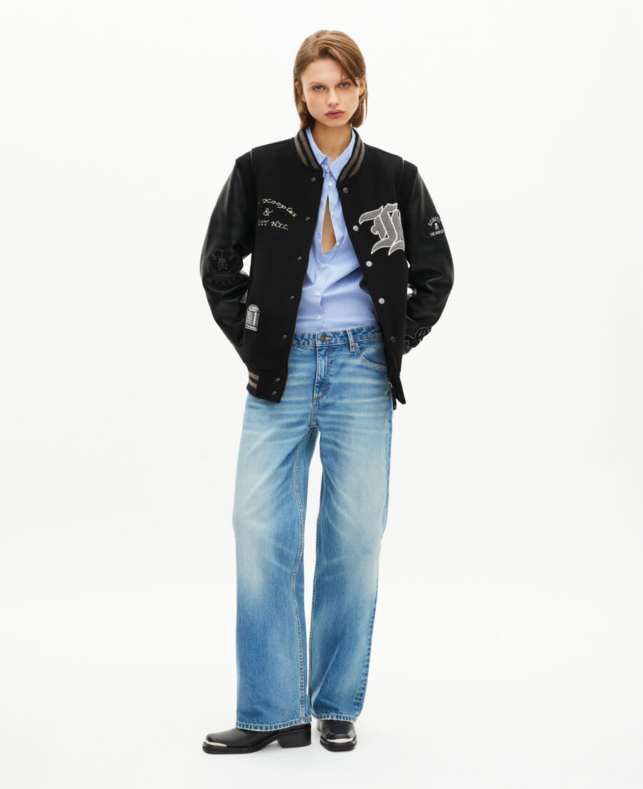 The Kooples FEMME BLACK blouson varsity en cuir noir the kooples x schott nyc