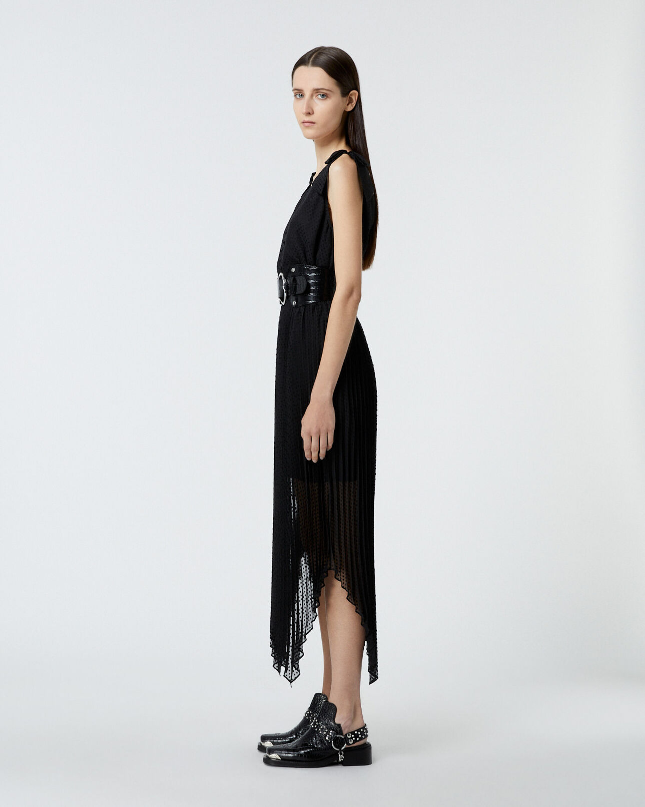 The Kooples MUJER BLACK vestido largo negro plisado tirantes